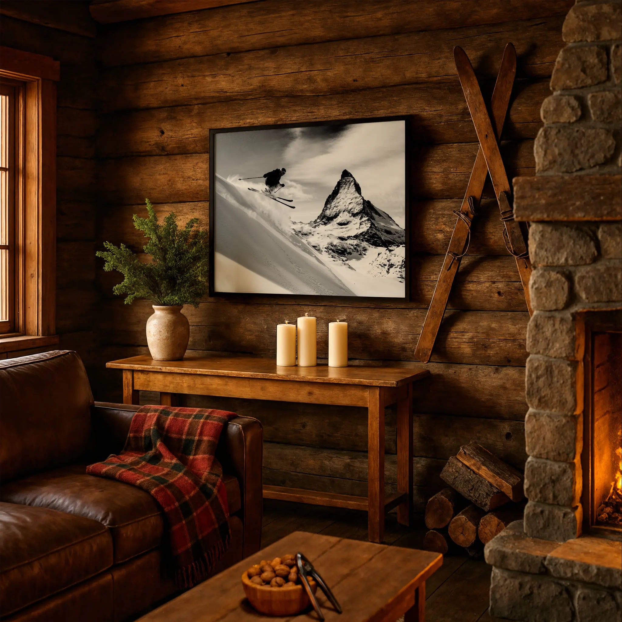 Vintage Skier Matterhorn Photo in Rustic Alpine Cabin