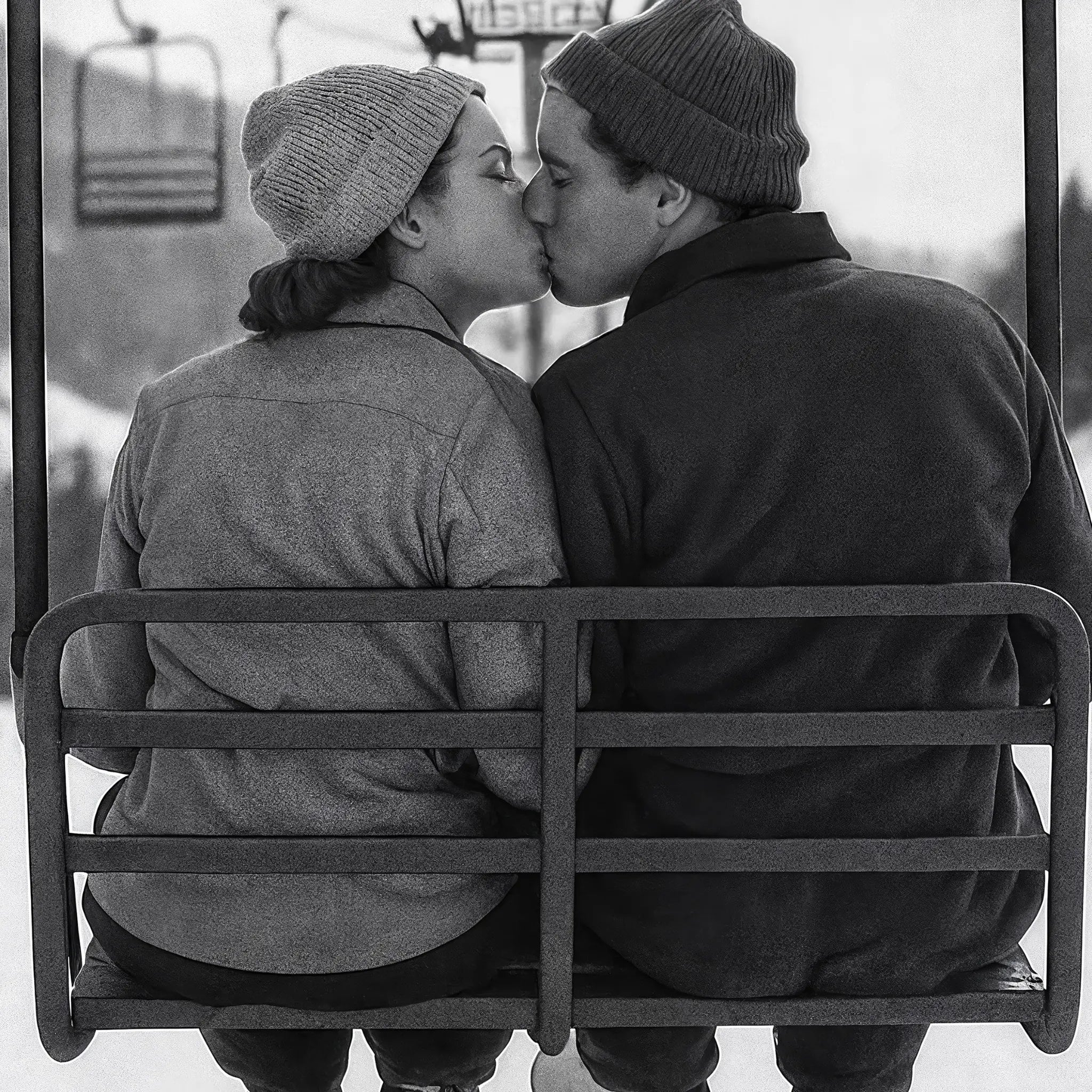 Romantic Chairlift Kiss Detail Close-Up
