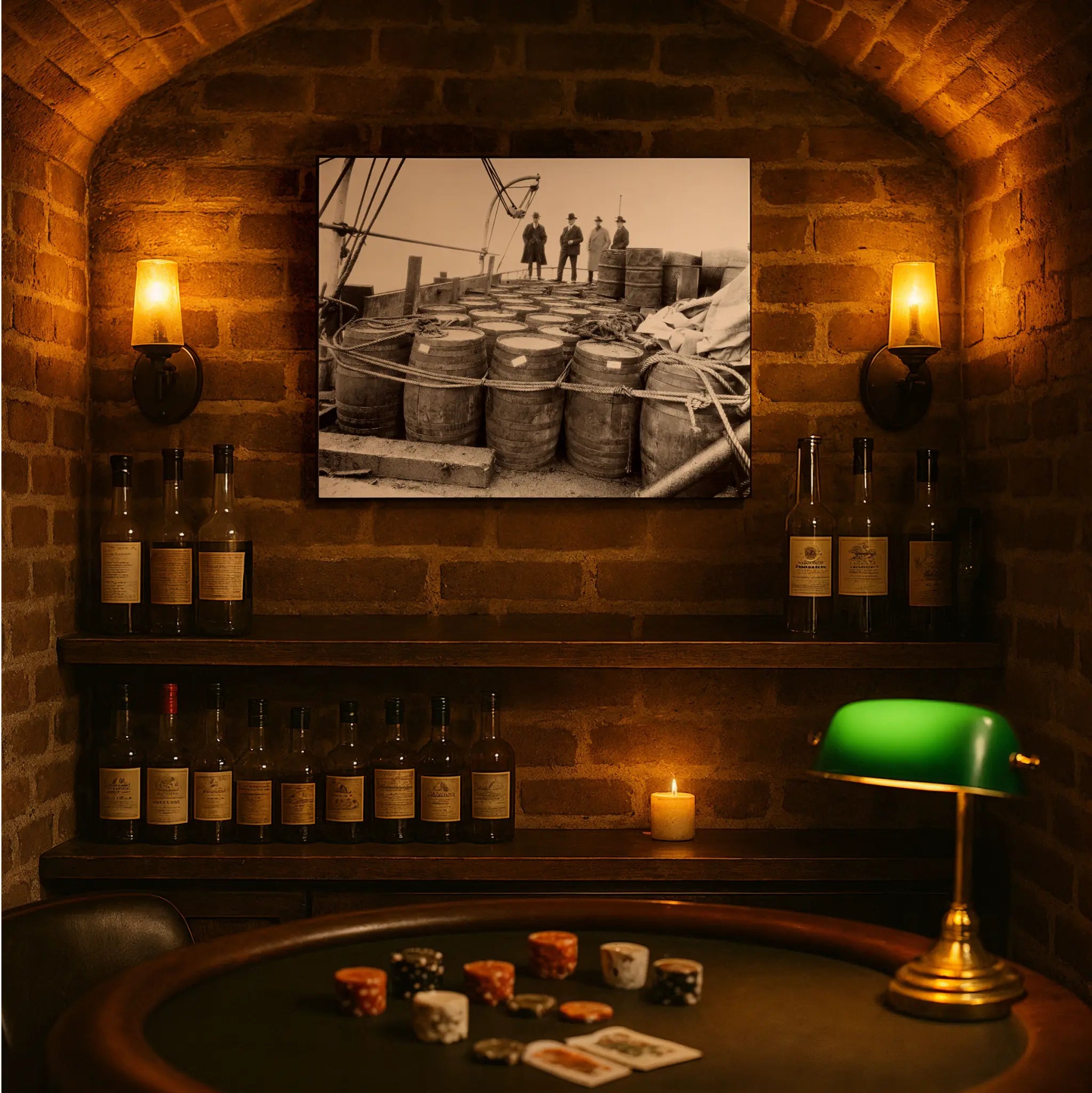 Federal agents photograph in underground speakeasy setting with vintage bottles and period atmosphere