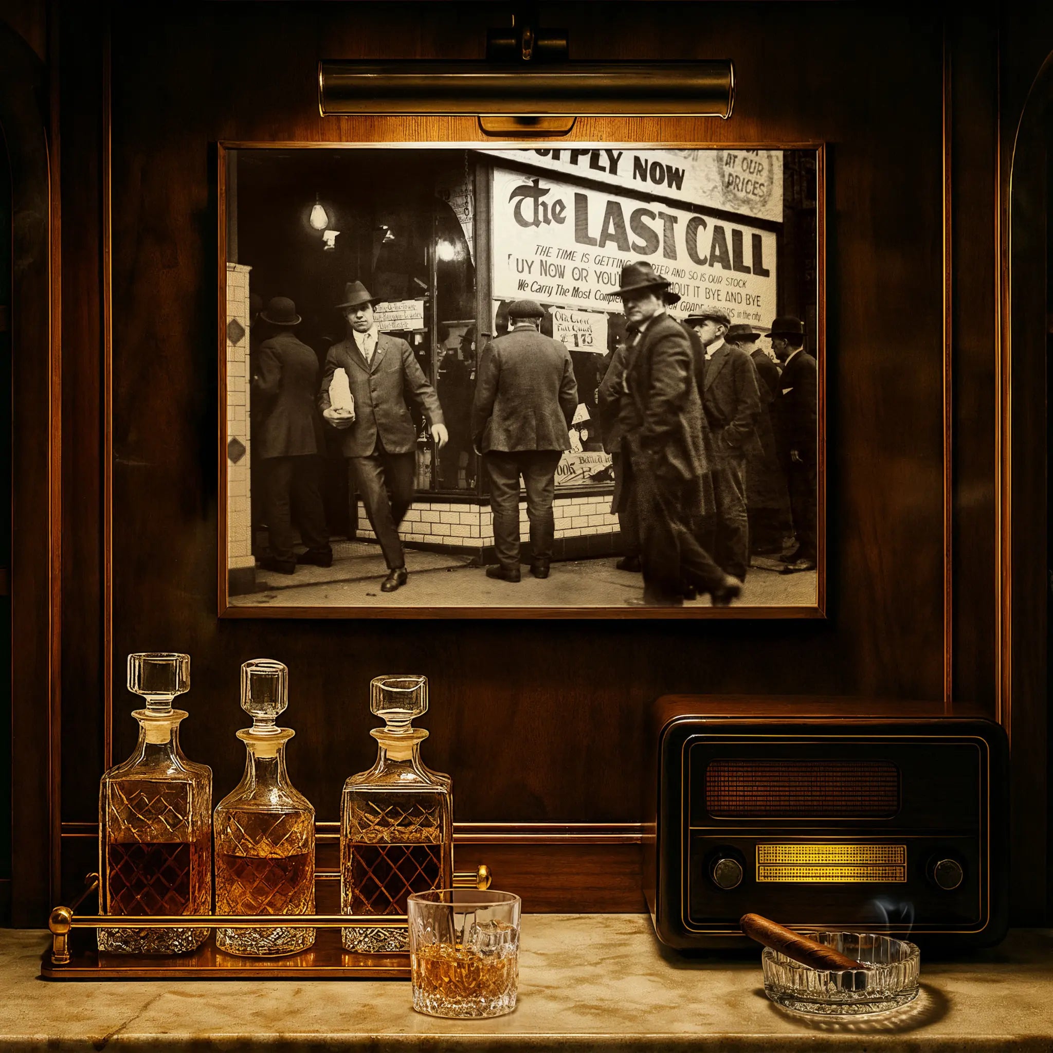 The Last Call photograph displayed in luxury study with crystal decanters and vintage radio atmosphere