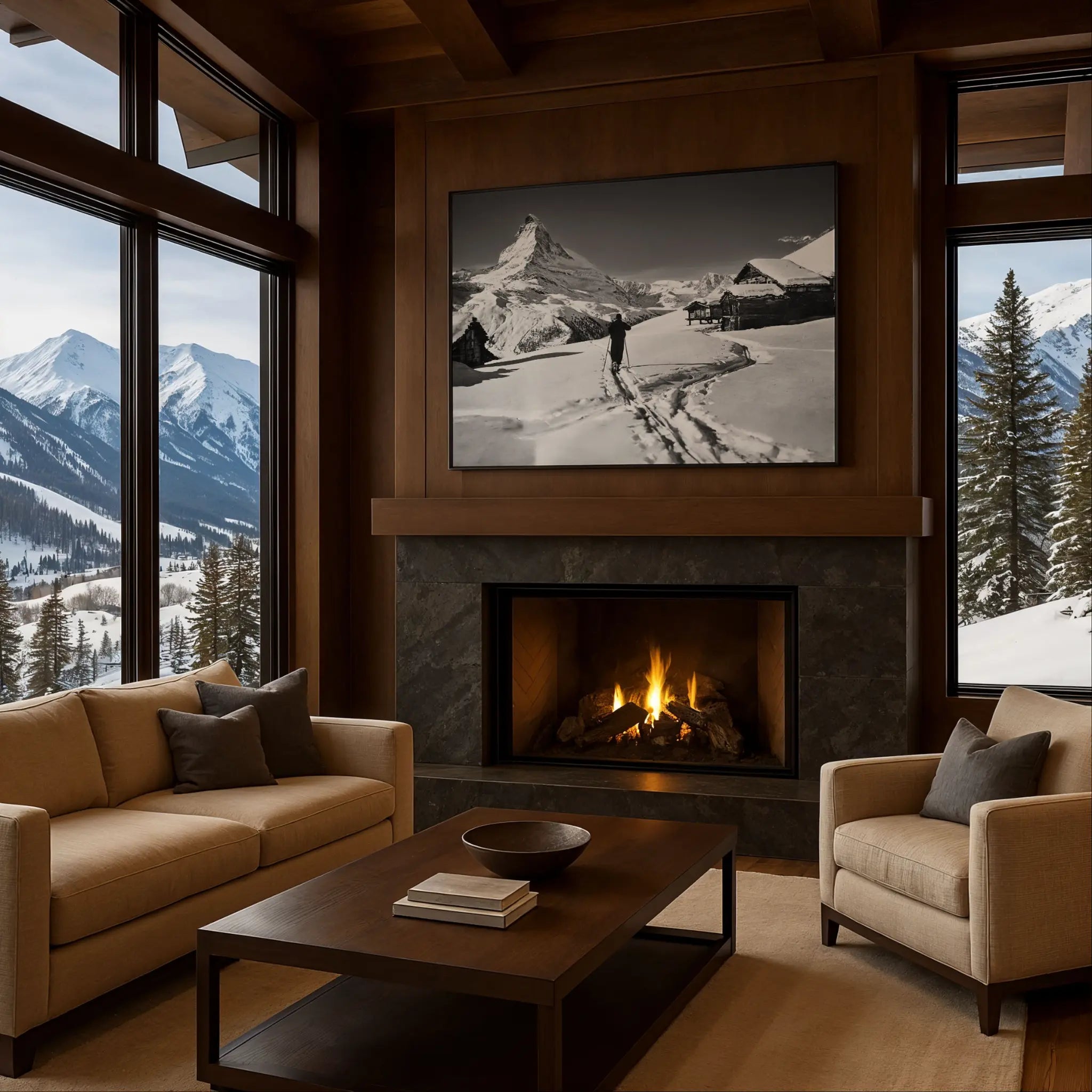 Vintage Matterhorn Skier Photo in Cozy Fireplace Setting
