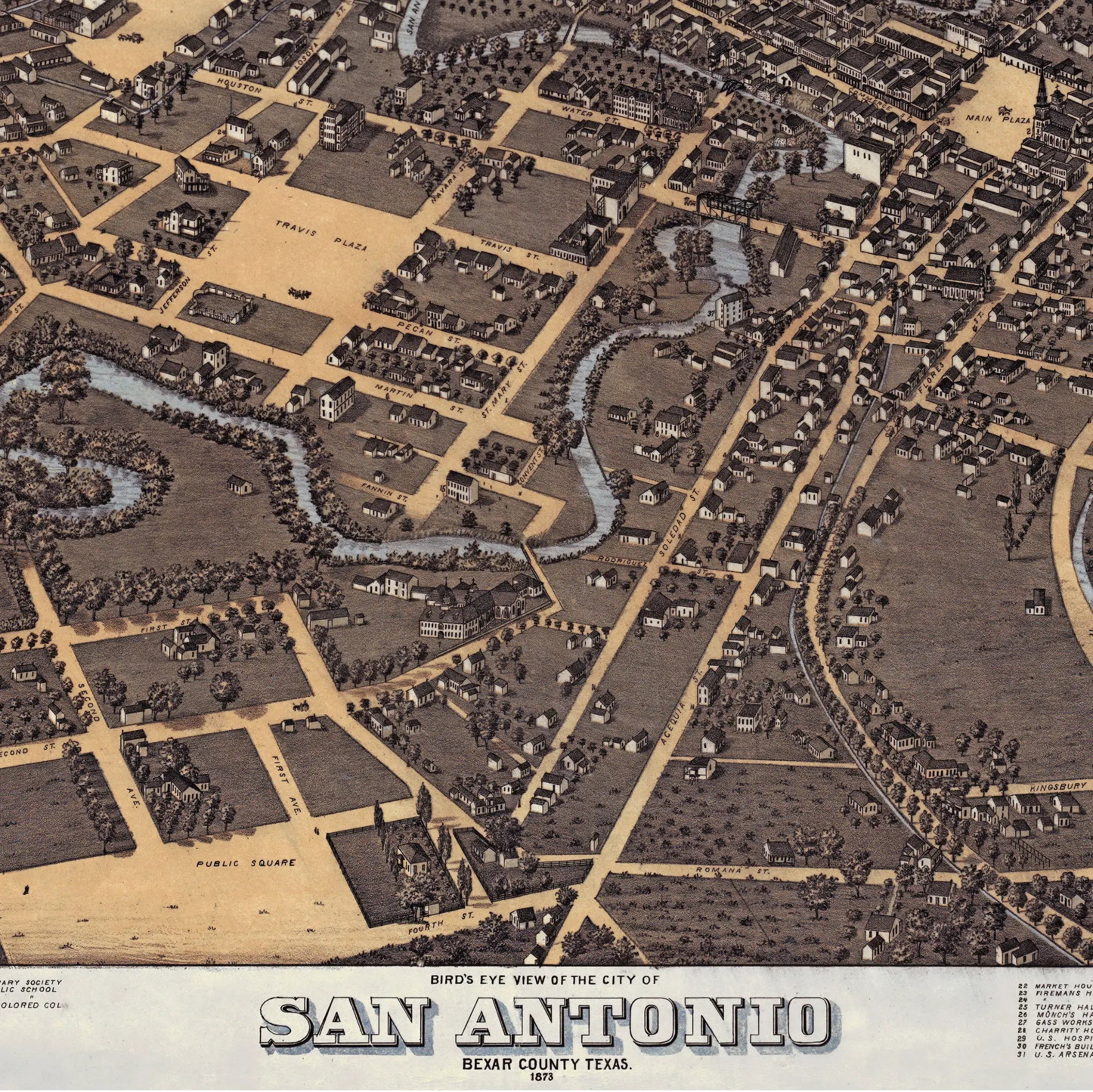 San Antonio Bird's-Eye Map - Vintage 1873 Texas Historical City Map