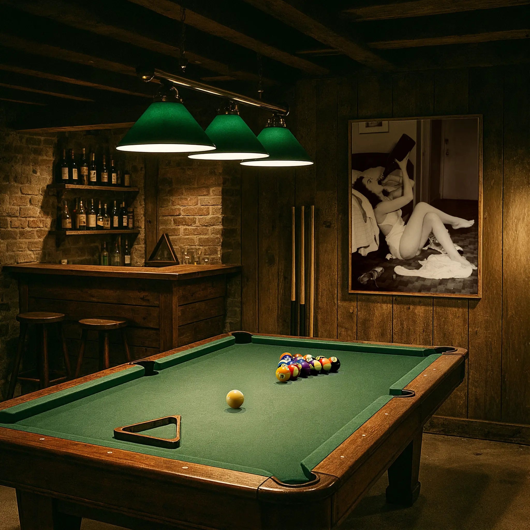 Vintage boudoir photograph in billiards room with green felt table and period lighting