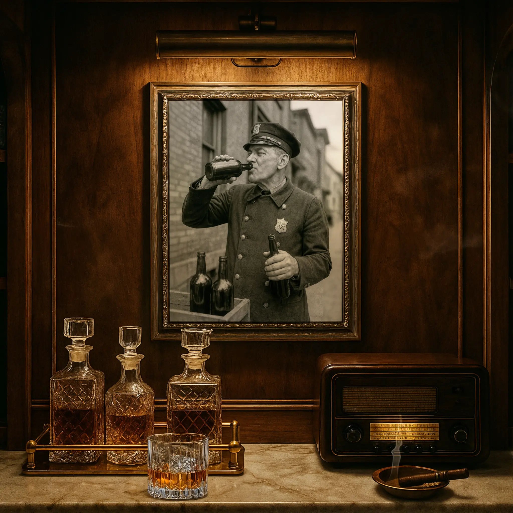 Law enforcement drinking photograph in luxury study with crystal decanters and vintage radio atmosphere