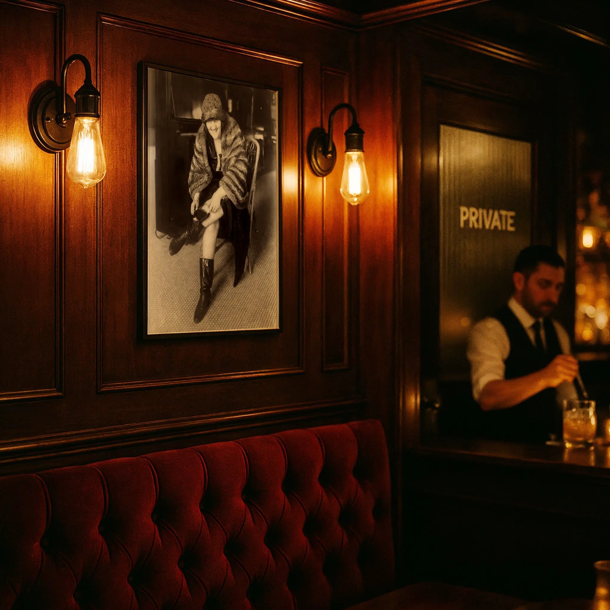 Historical fashion photograph in upscale speakeasy with red velvet seating and private atmosphere
