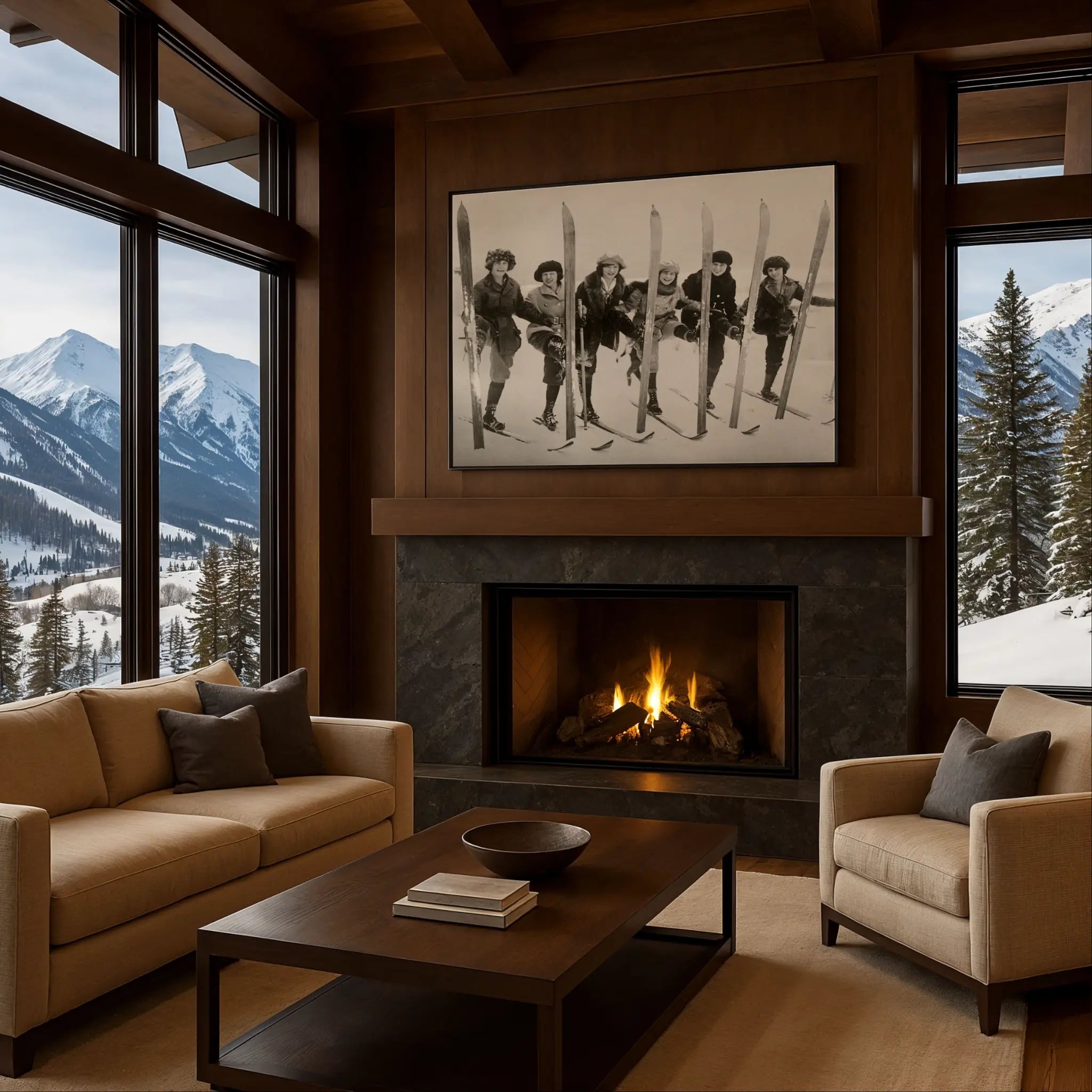 Vintage Women Skiers Photo in Luxury Mountain Fireplace Setting
