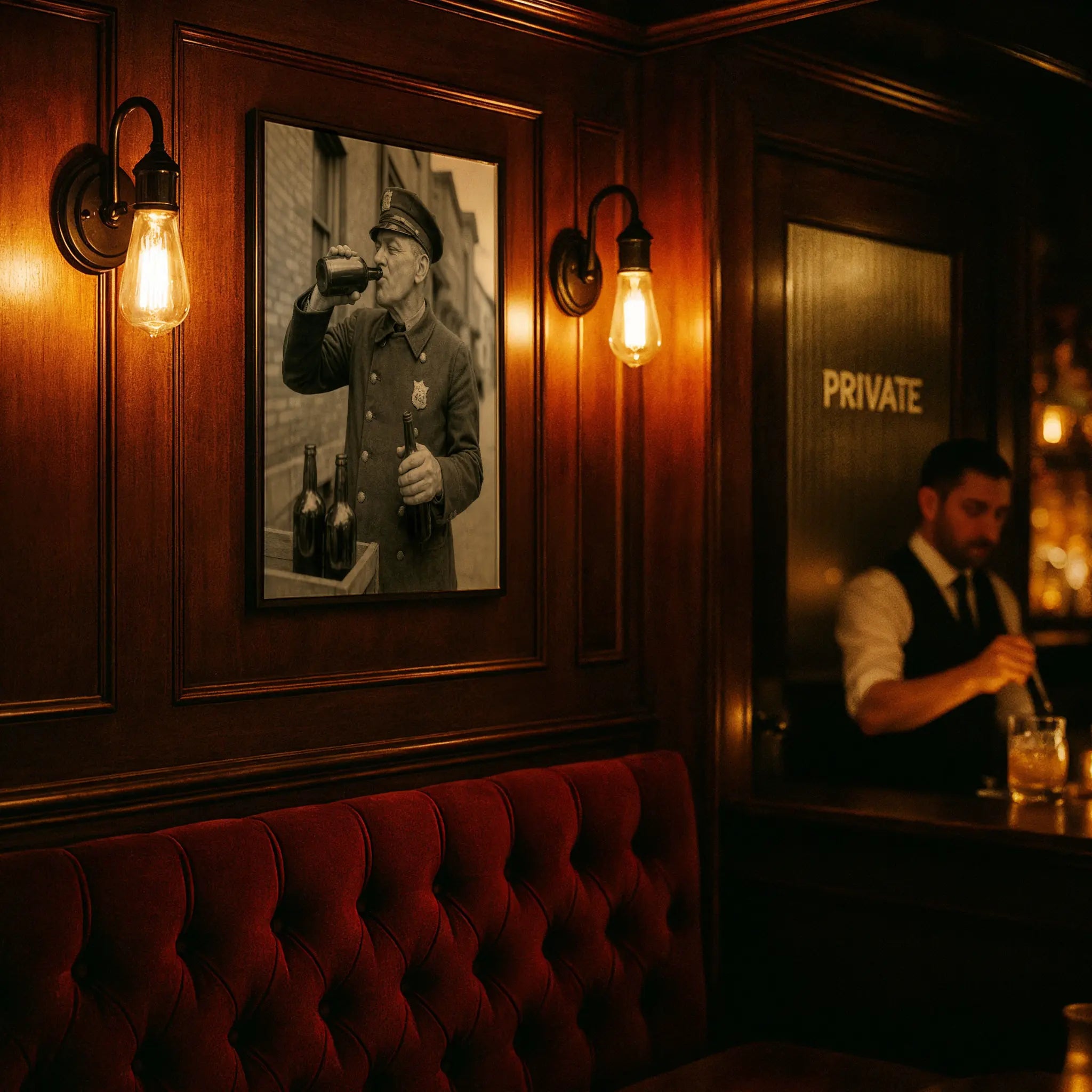 Historic police officer print in private club setting with red velvet seating and intimate lighting