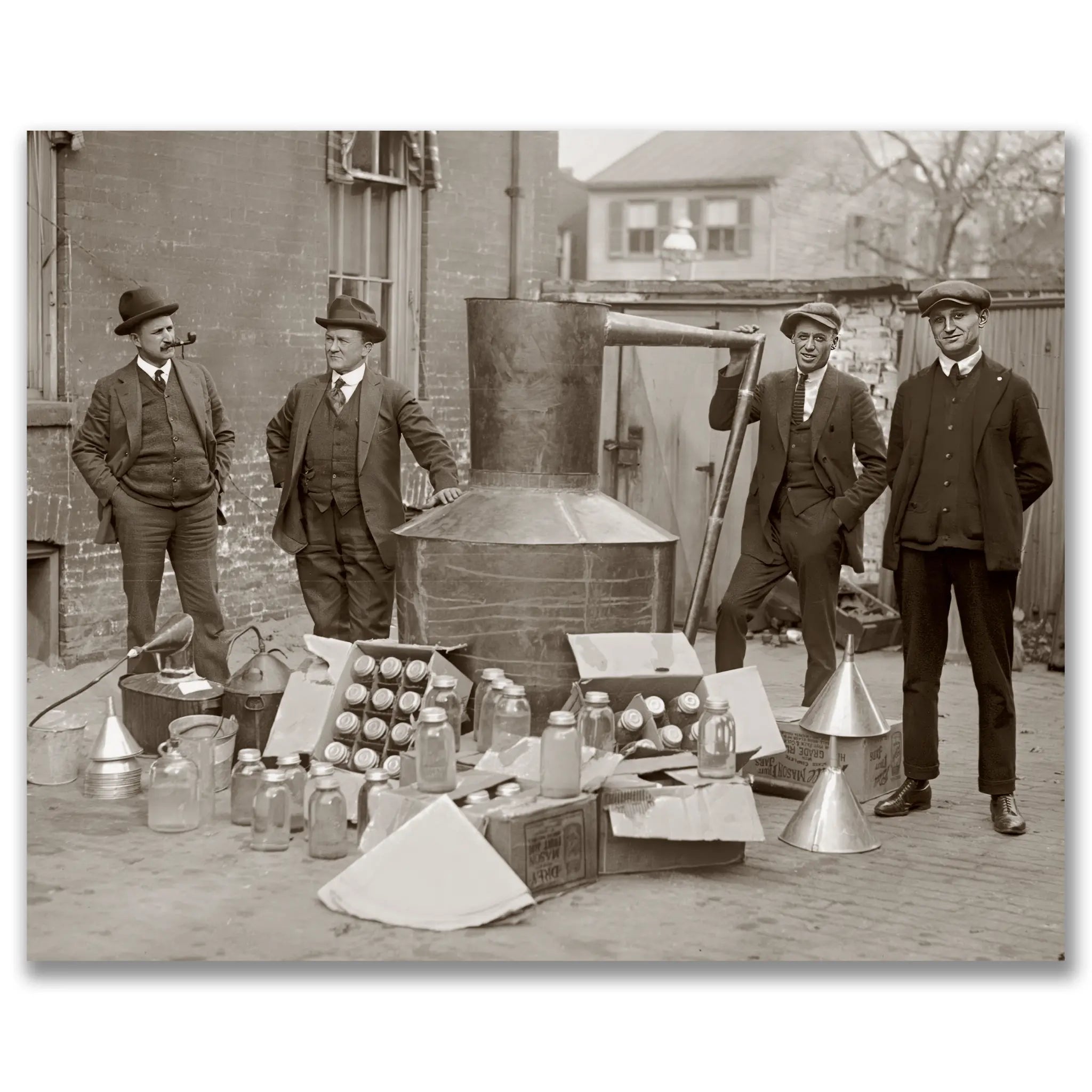 Historic prohibition era photograph showing federal agents with confiscated moonshine still and distillation equipment during enforcement raid