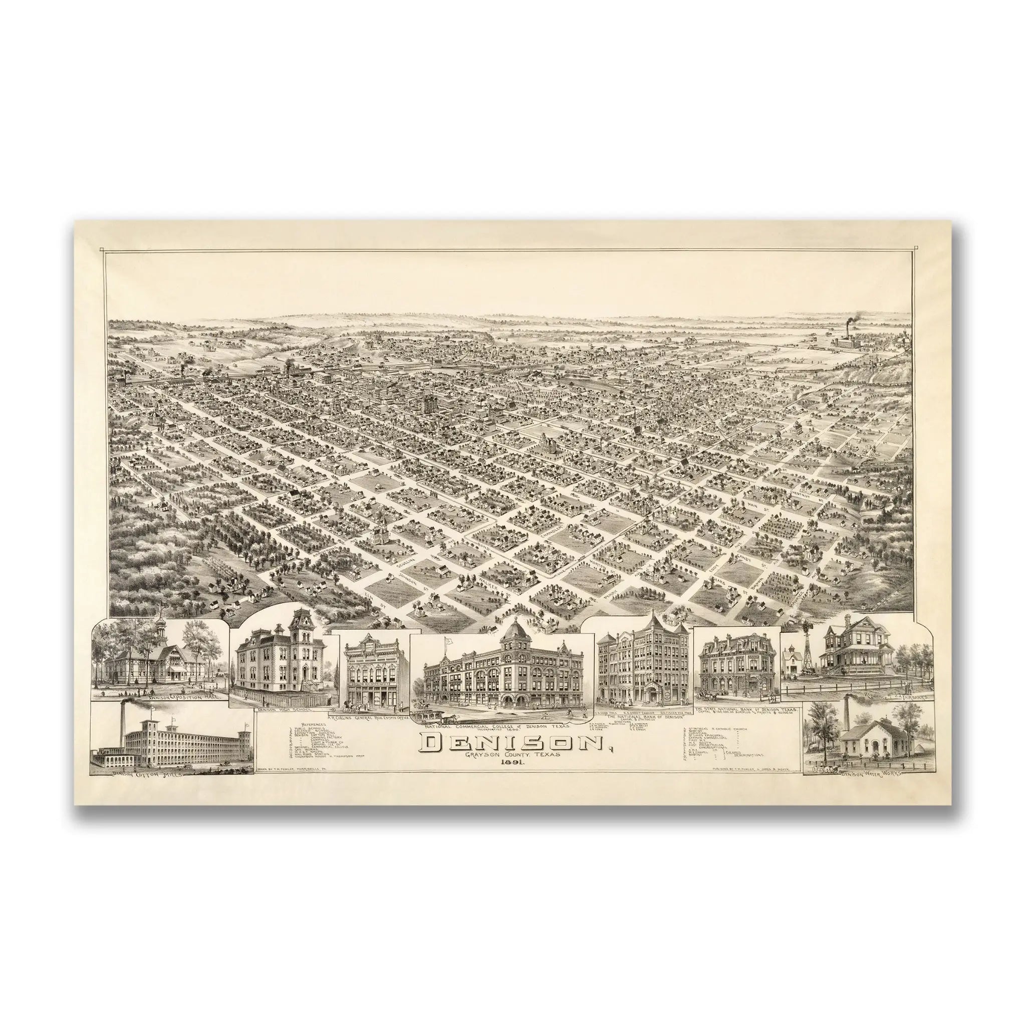 Denison Bird's-Eye Map - Vintage 1891 Texas Historical City Map