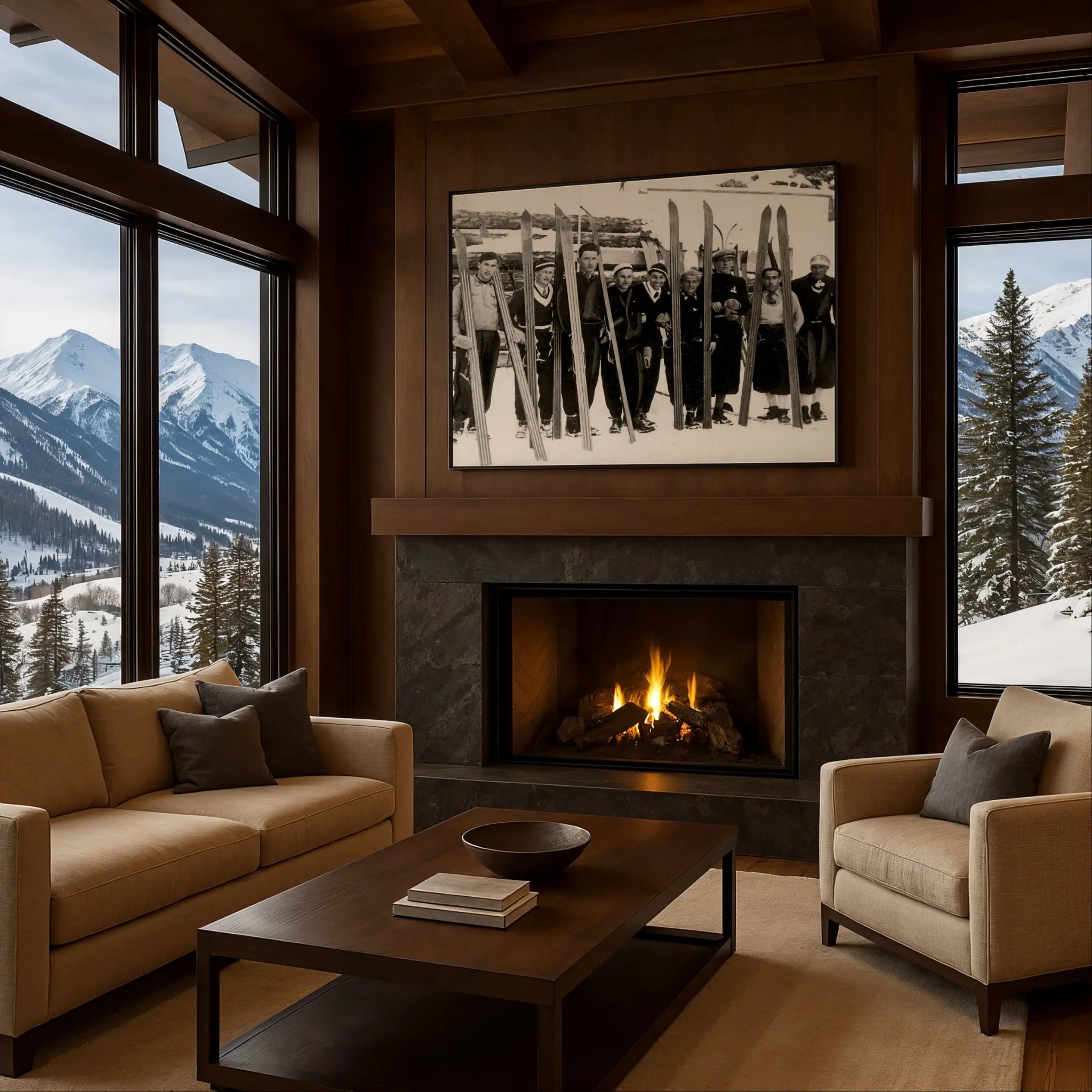 Vintage Ski Club Group Photo in Cozy Fireplace Setting