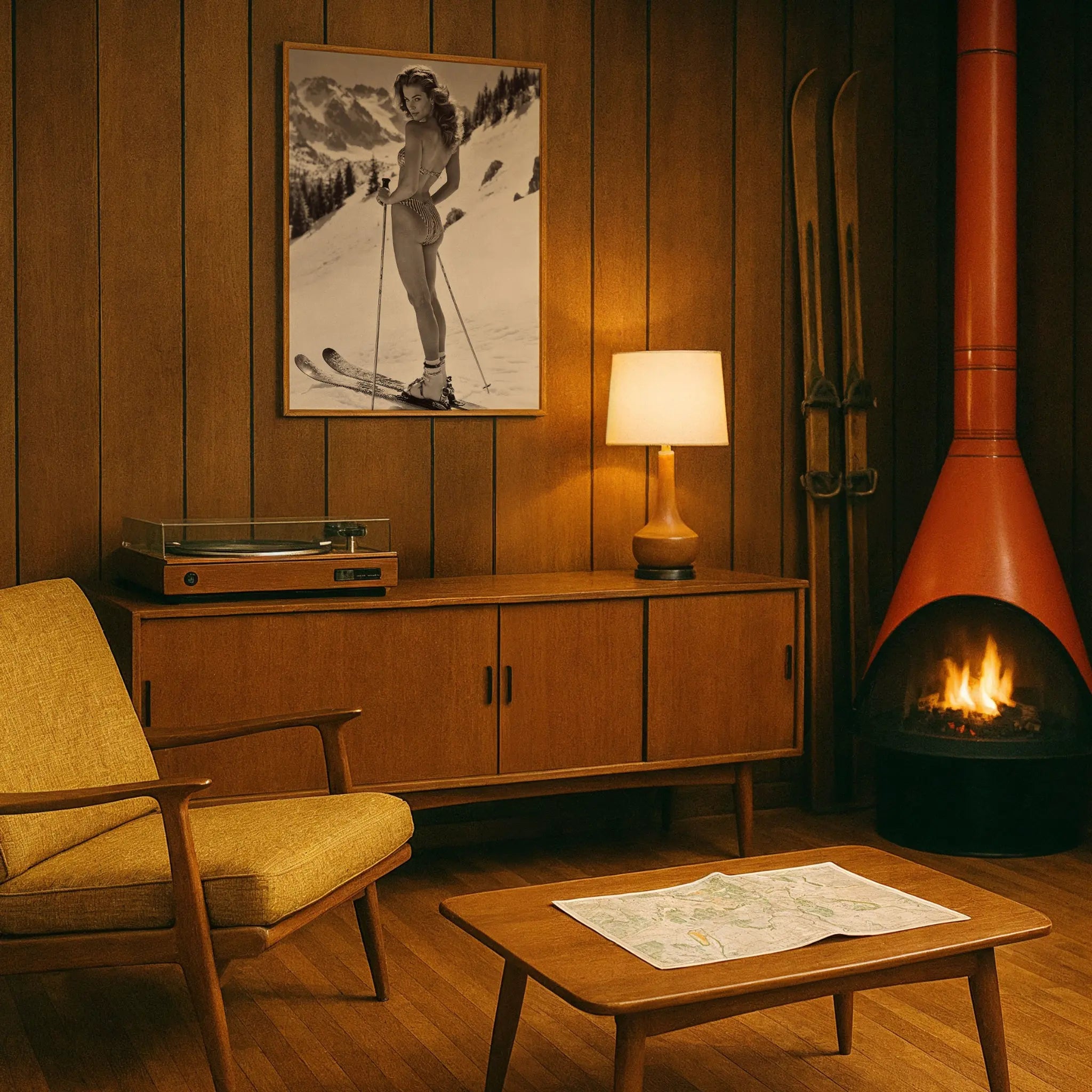 Vintage Ski Club Group Photo in Retro Ski Den