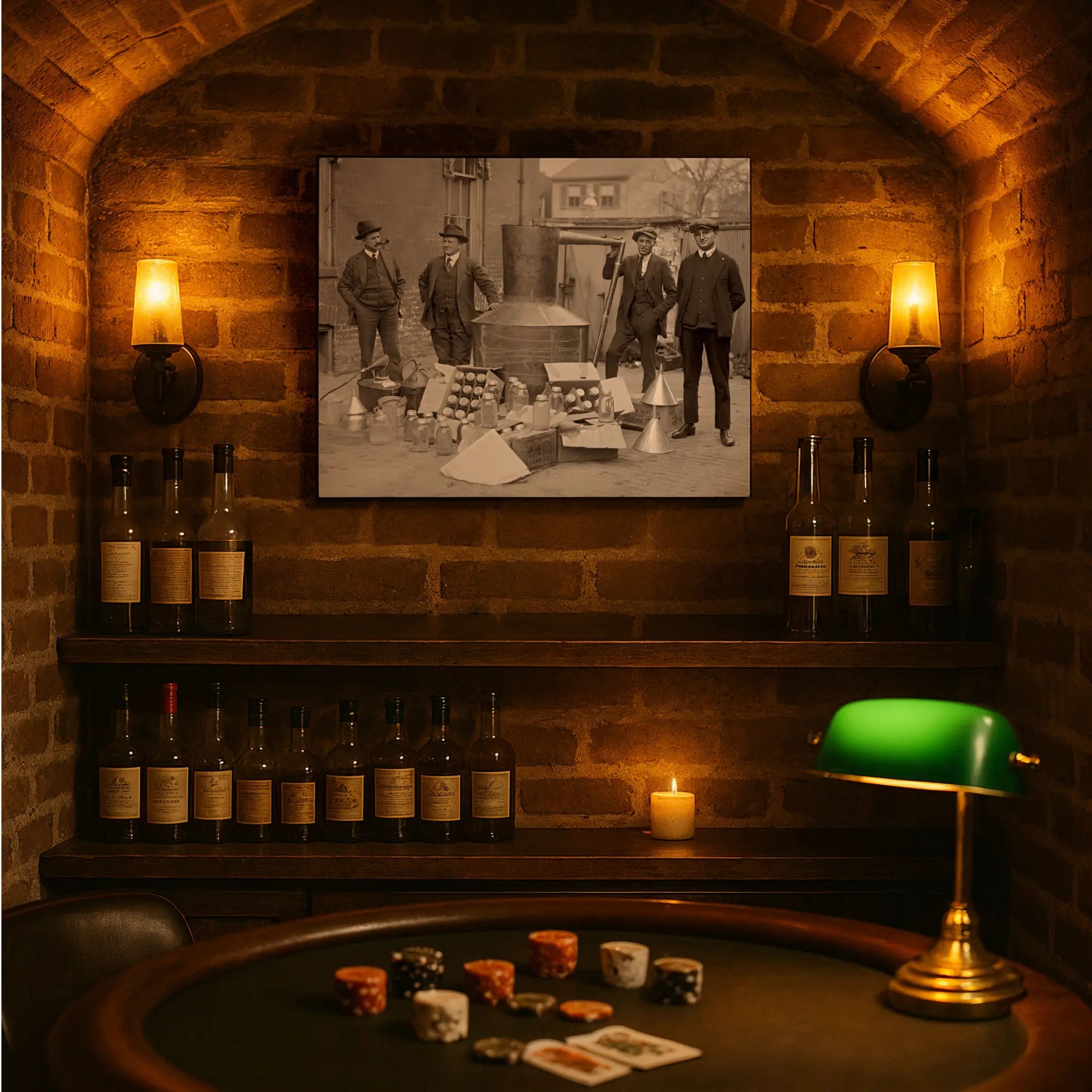 Distillation equipment print in underground casino setting with poker chips and vintage gambling atmosphere