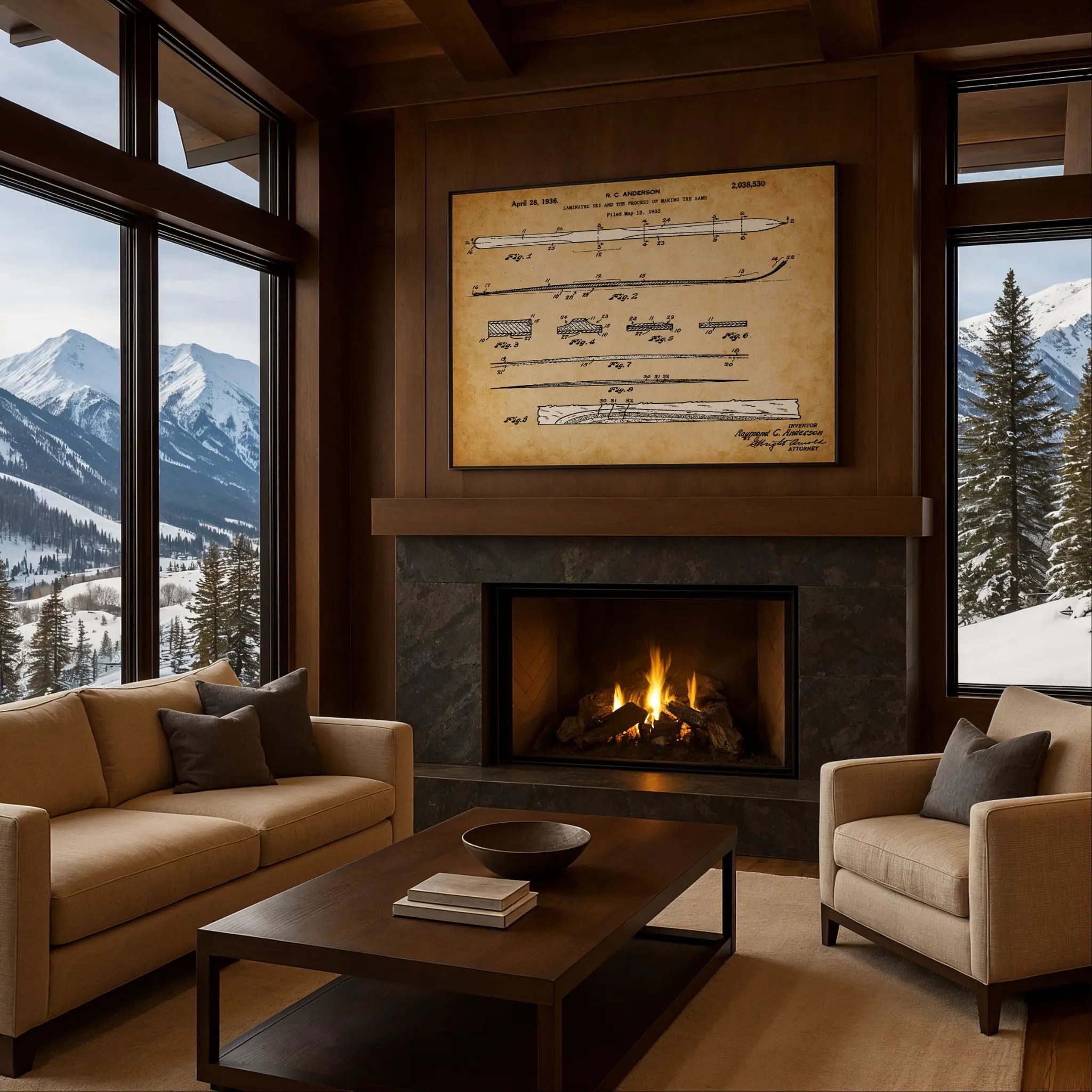 Vintage Ski Patent in Luxury Mountain Fireplace Setting