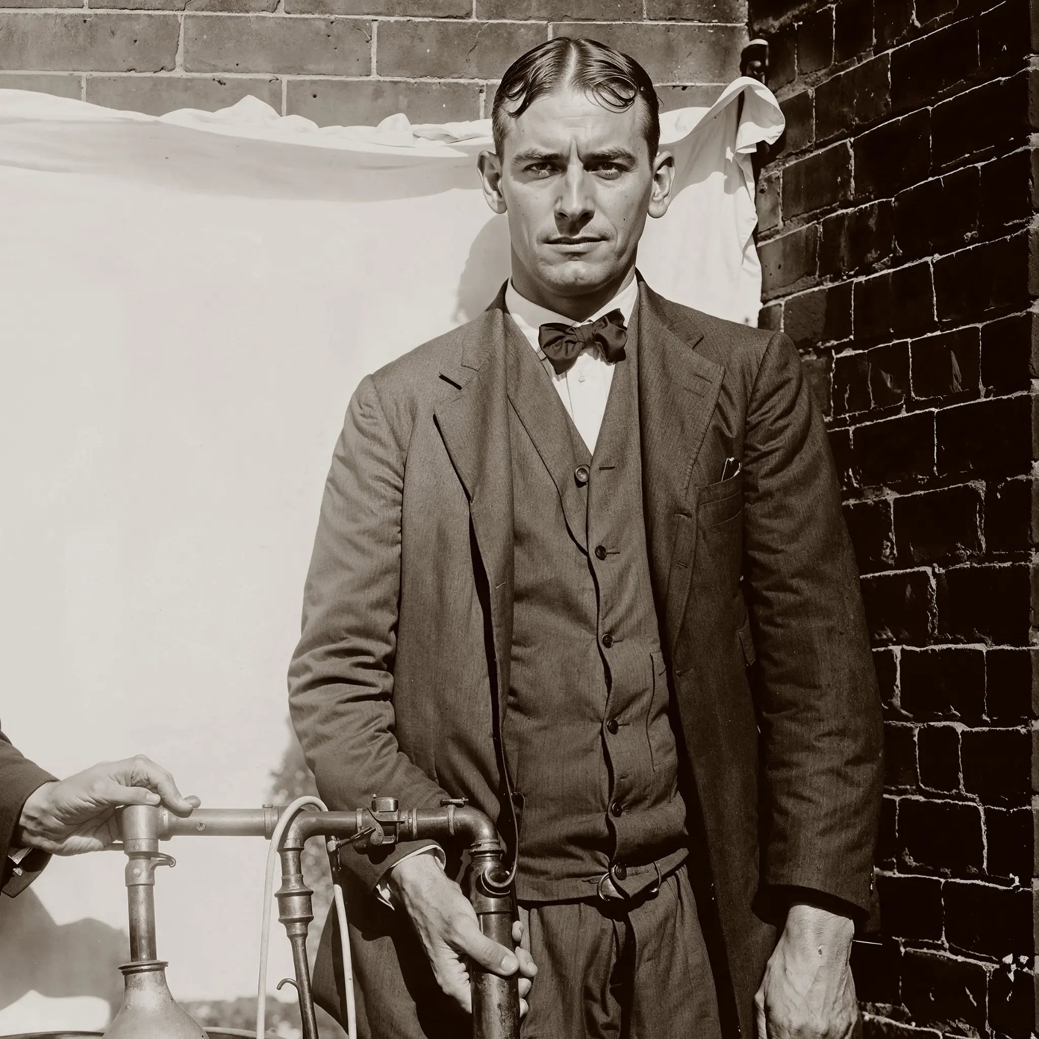 Close-up detail of moonshine distillation apparatus showing man in bow tie with copper tubing and distillation equipment