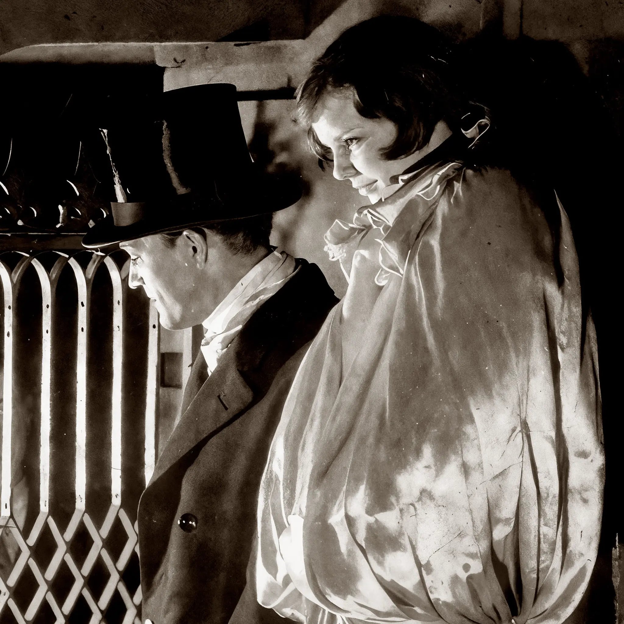 Close-up detail of prohibition underground rendezvous showing woman's flowing white dress and dramatic shadows in clandestine speakeasy meeting