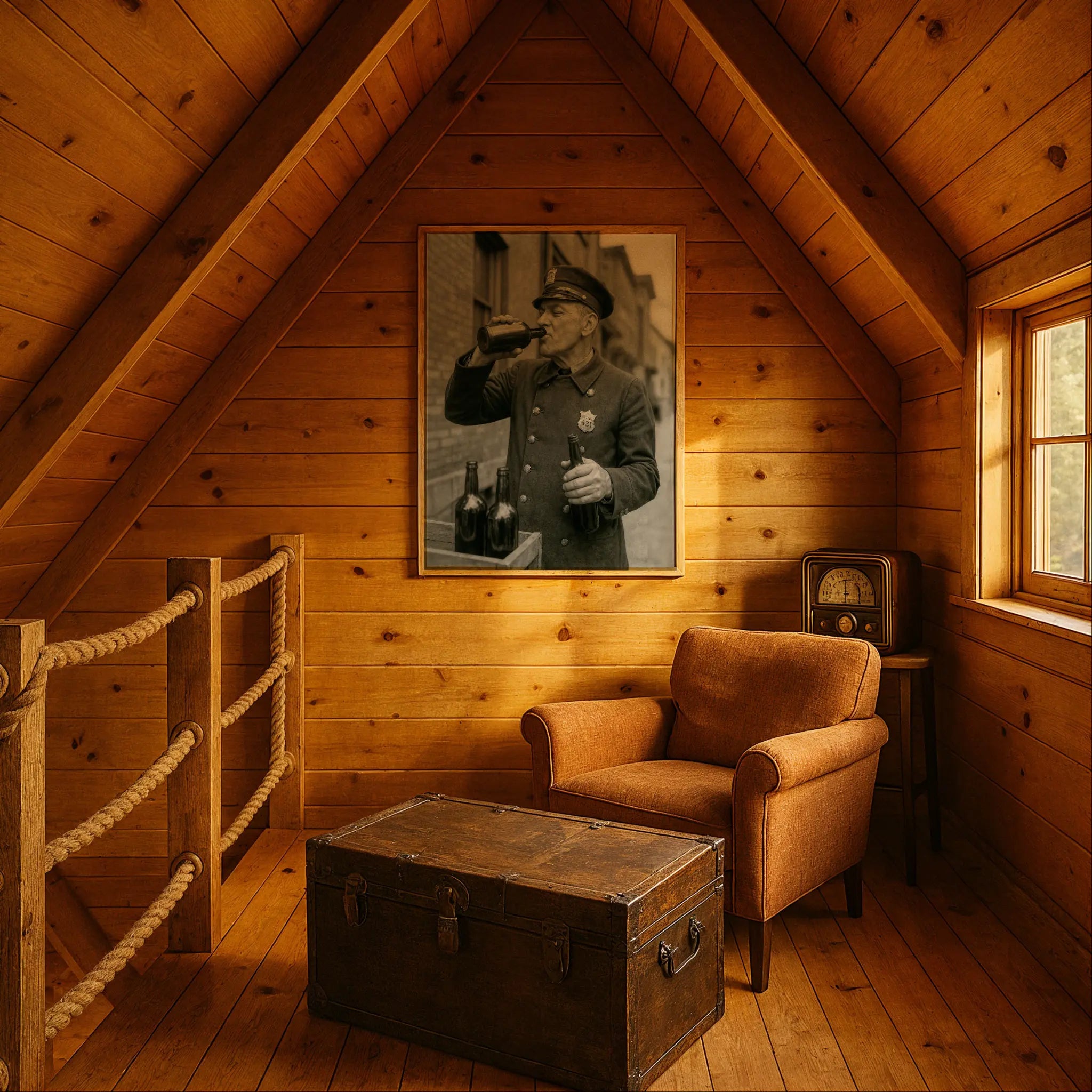 Historic law enforcement print in rustic cabin setting with leather chair and vintage radio