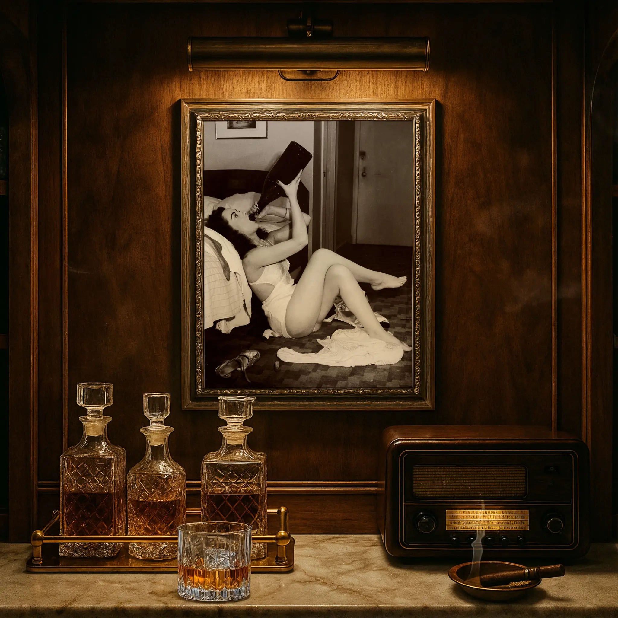 Prohibition boudoir photograph in luxury study with crystal decanters and vintage radio atmosphere