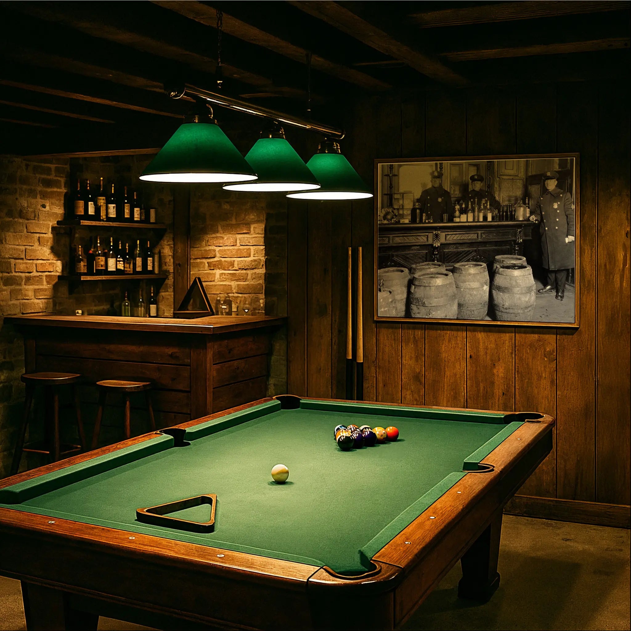 Prohibition police raid evidence photograph in vintage billiards room with green felt table and period lighting