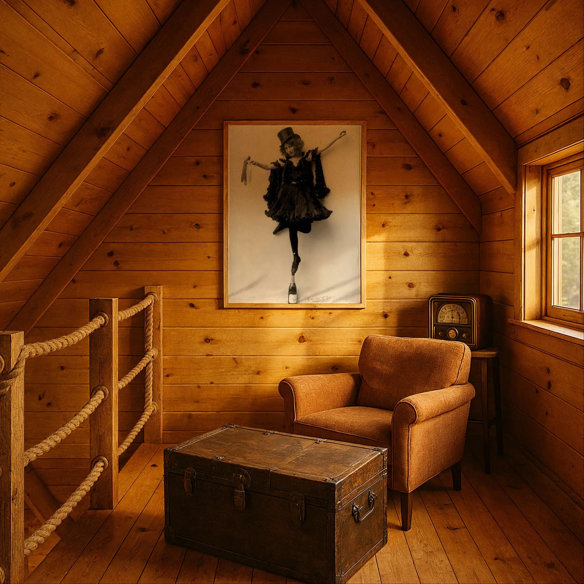 Performance art photograph in rustic cabin with vintage trunk and rope details