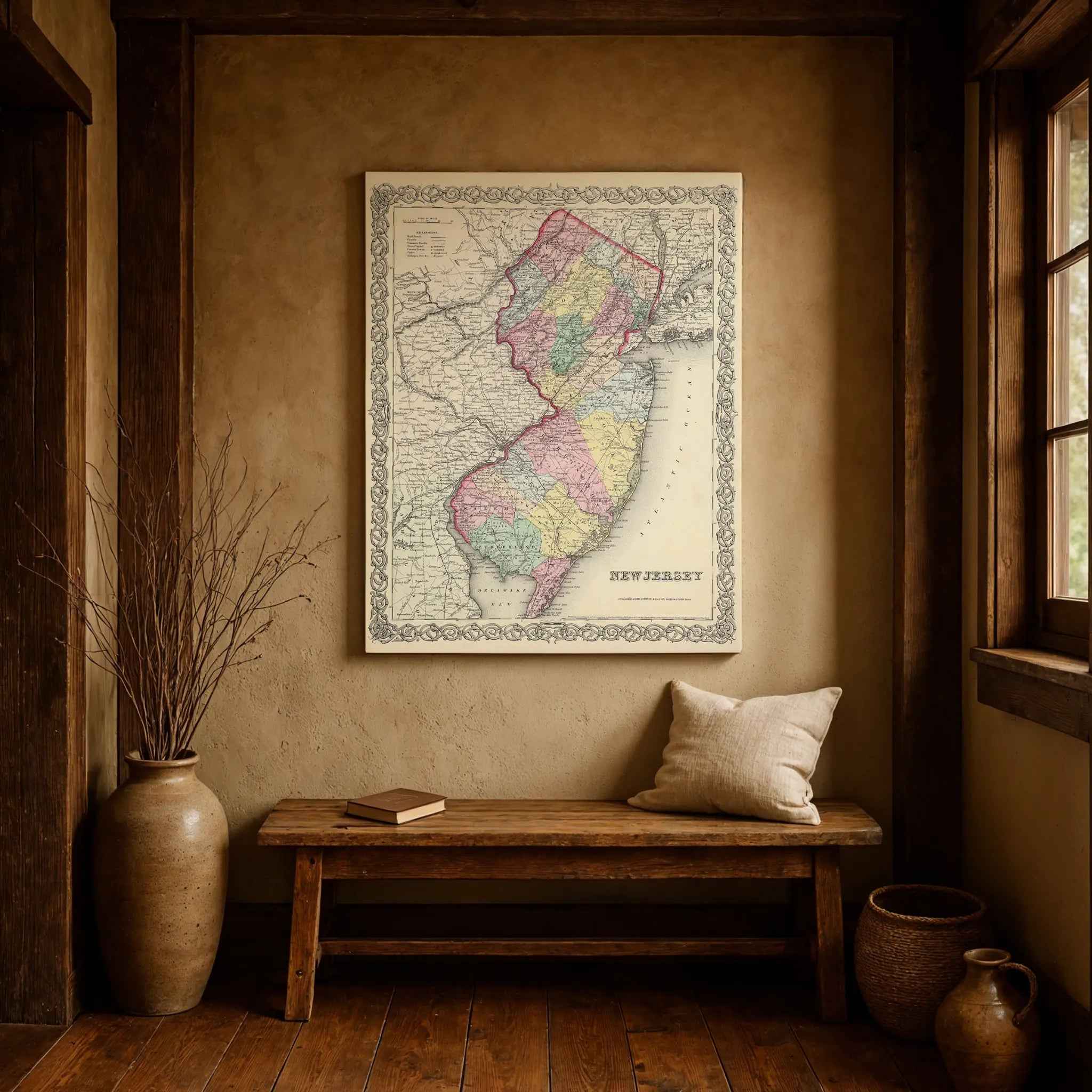 New Jersey Map - Vintage 1855 Colton Historical Map for Home Decor