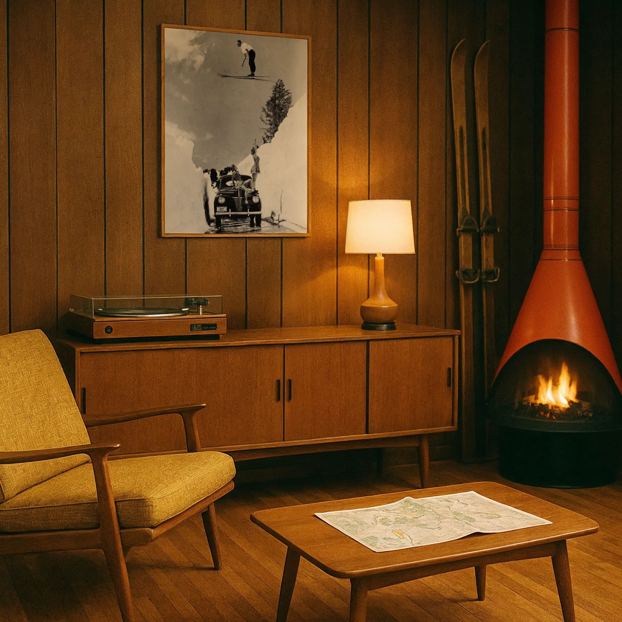 Vintage Ski Jump Photo in Retro Ski Den Mid-Century