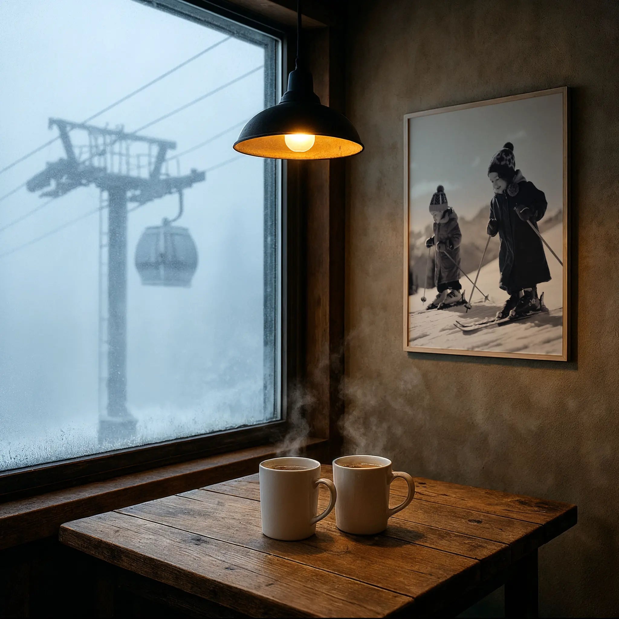 Vintage Children Skiing Photo in Foggy Mountain Cafe