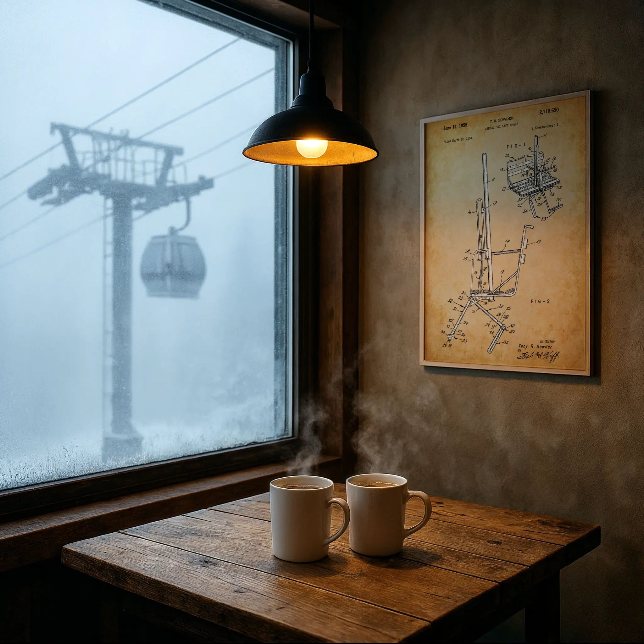 Vintage Ski Lift Patent in Foggy Mountain Cafe