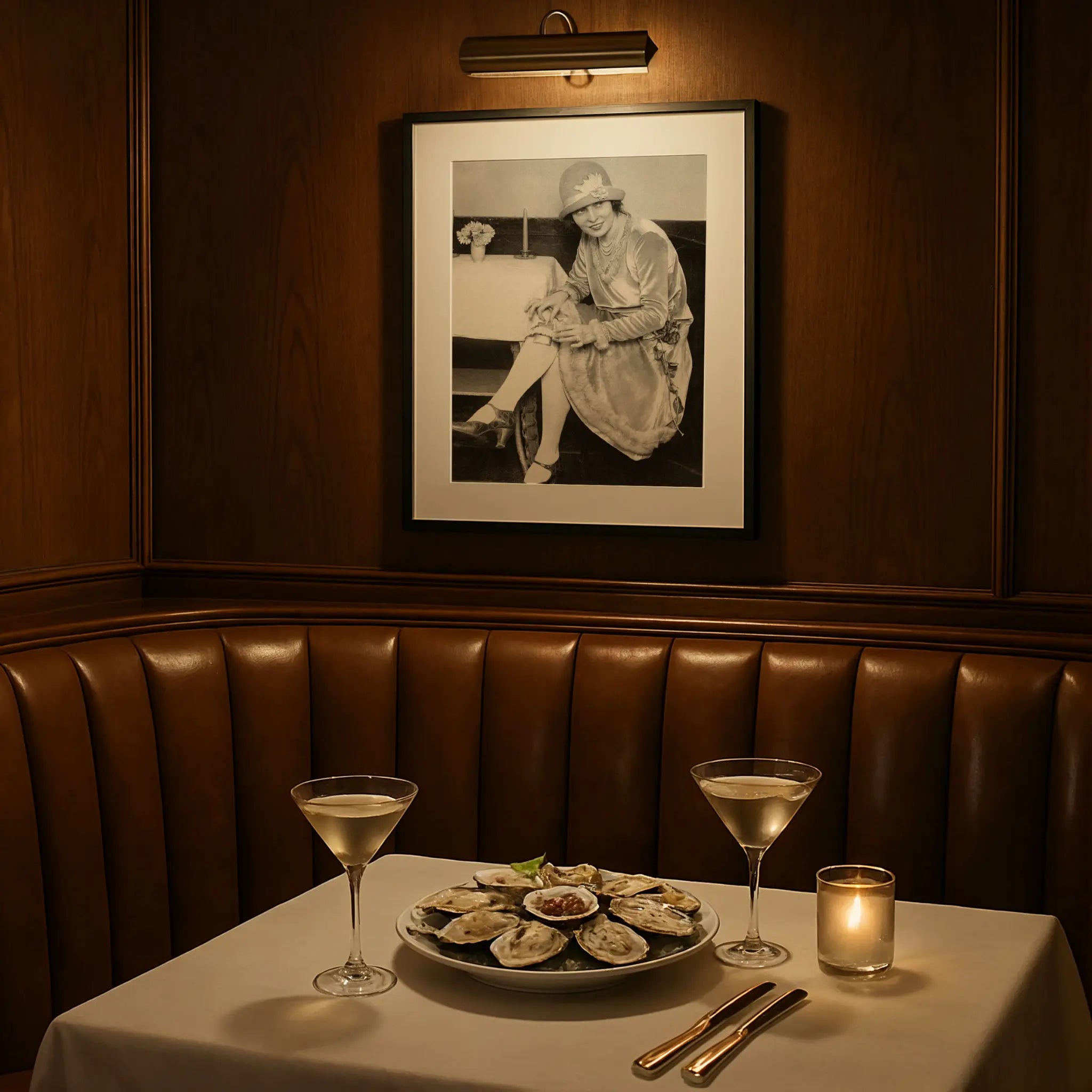 Elegant yacht culture print in sophisticated dining setting with martini glasses and oysters