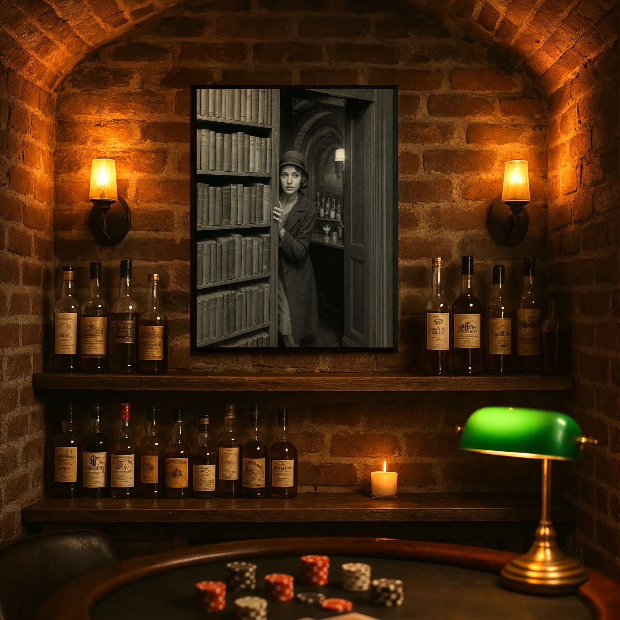 Speakeasy secret entrance photograph displayed in luxury study with whiskey bottles and vintage atmosphere