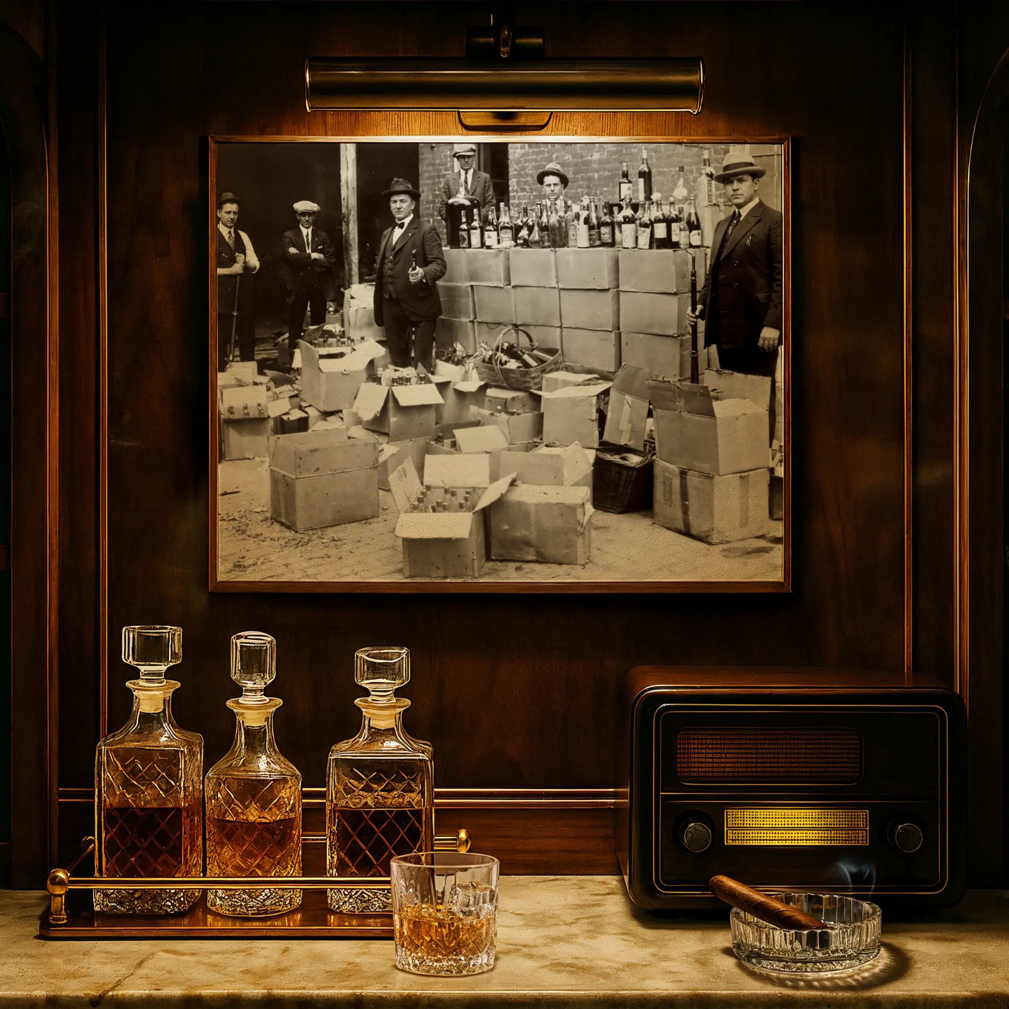 Prohibition seizure photograph displayed in luxury study with crystal decanters and vintage radio atmosphere