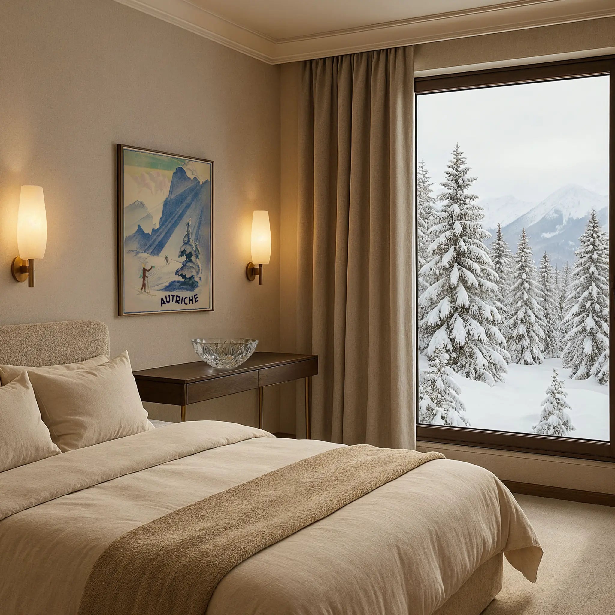Vintage Austrian Ski Poster in Luxury Suite Bedroom