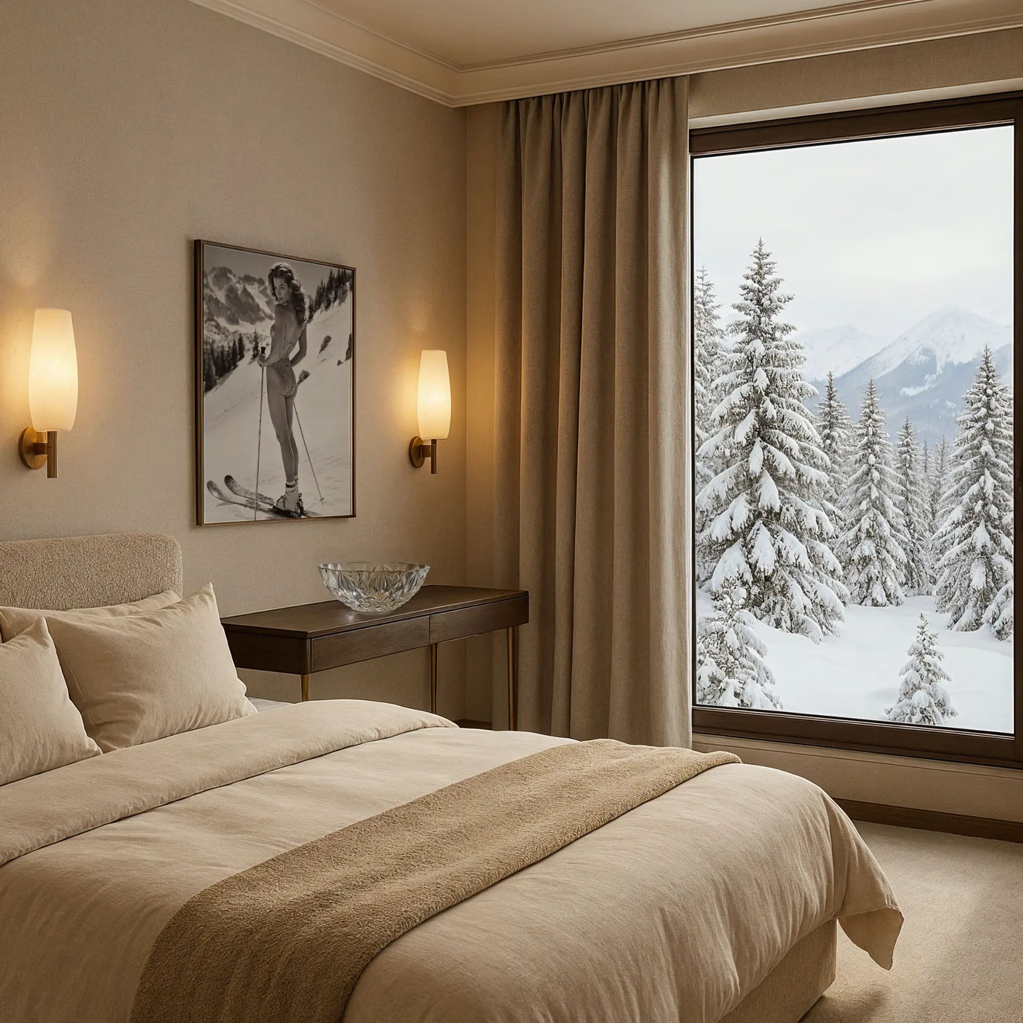 Vintage Ski Club Group Photo in Luxury Suite Bedroom