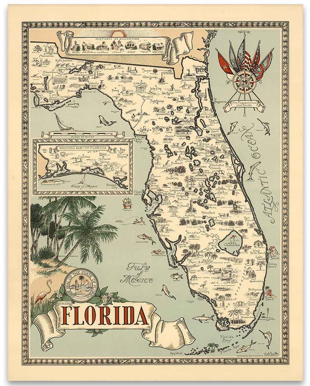 Vintage Florida Map 1954 Travel Wall Art for Collectors