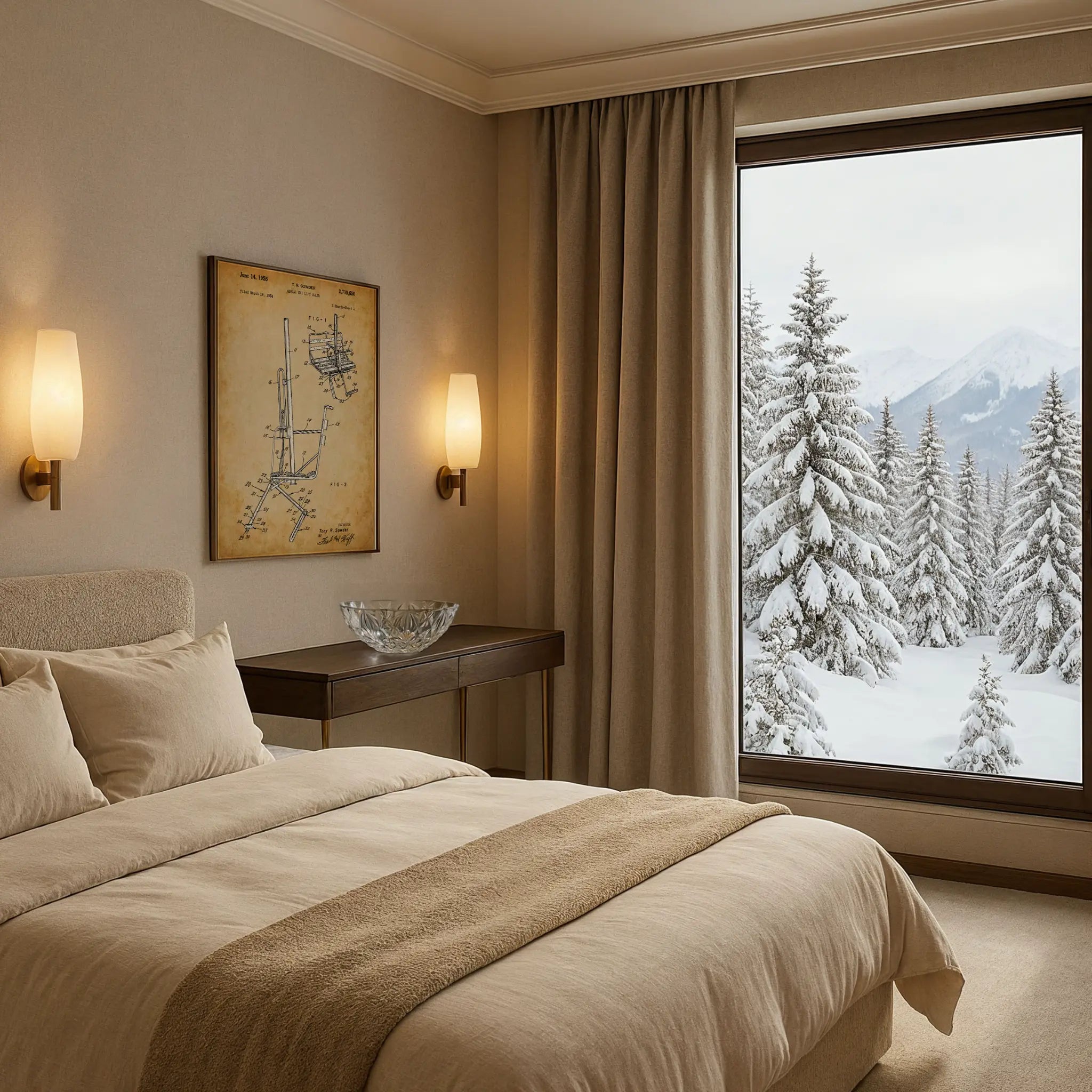 Vintage Ski Lift Patent in Luxury Suite Bedroom