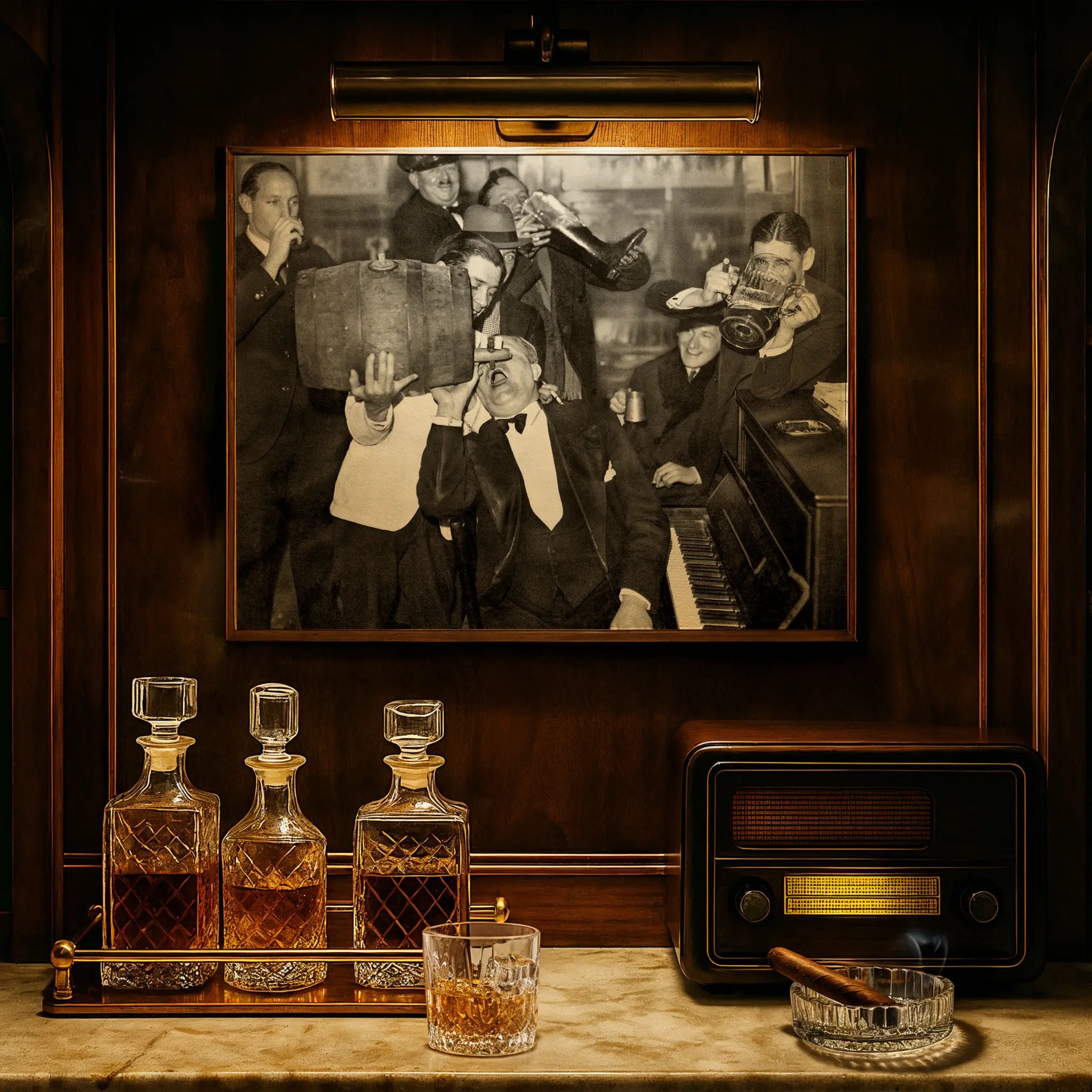 Prohibition speakeasy musicians photograph displayed in luxury study with crystal decanters and vintage radio atmosphere