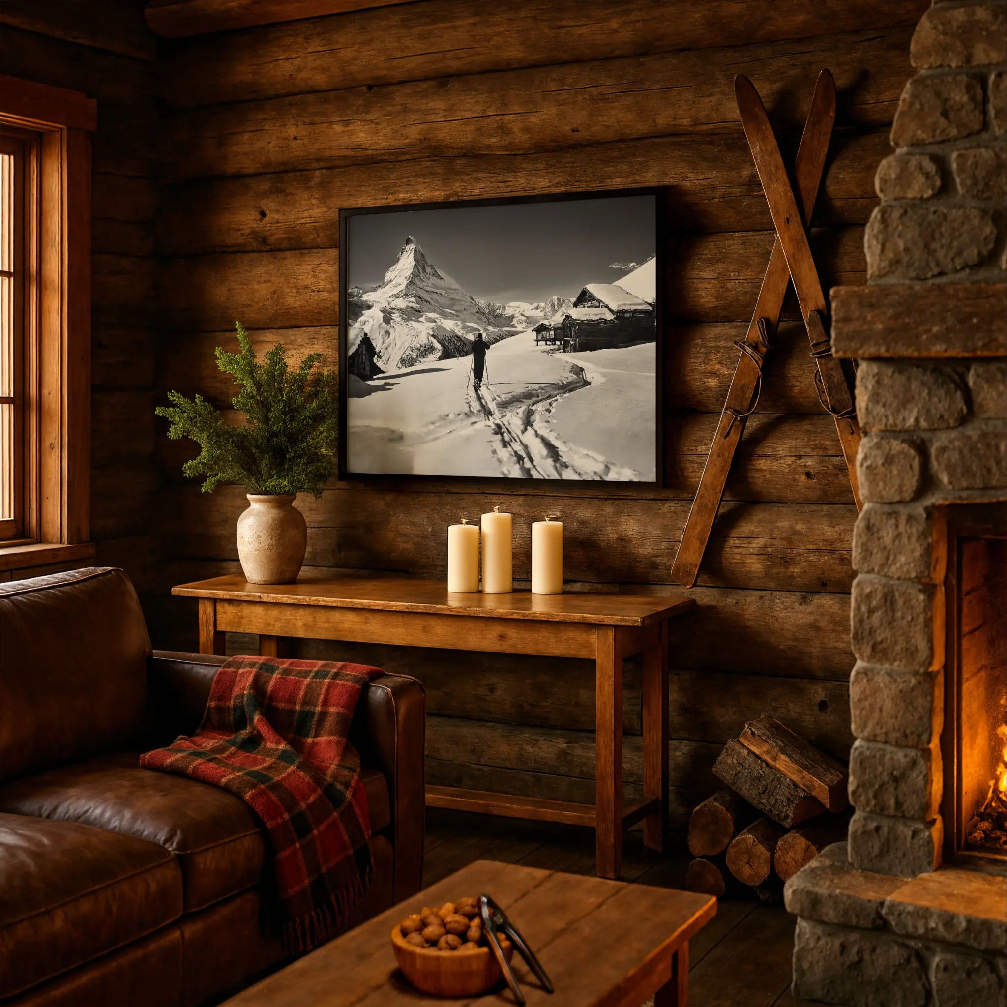 Vintage Matterhorn Skier Photo in Cabin Couch Setting