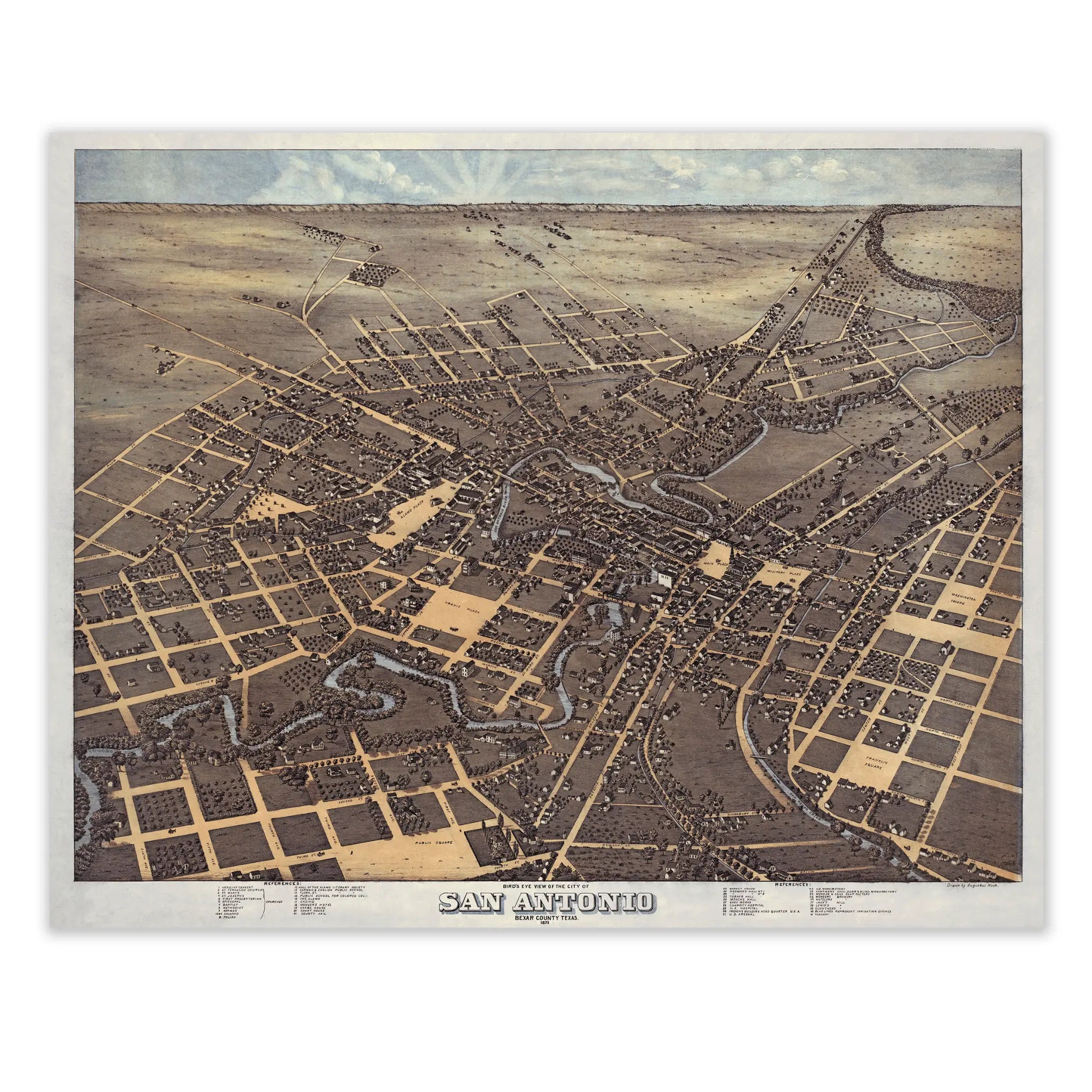 San Antonio Bird's-Eye Map - Vintage 1873 Texas Historical City Map