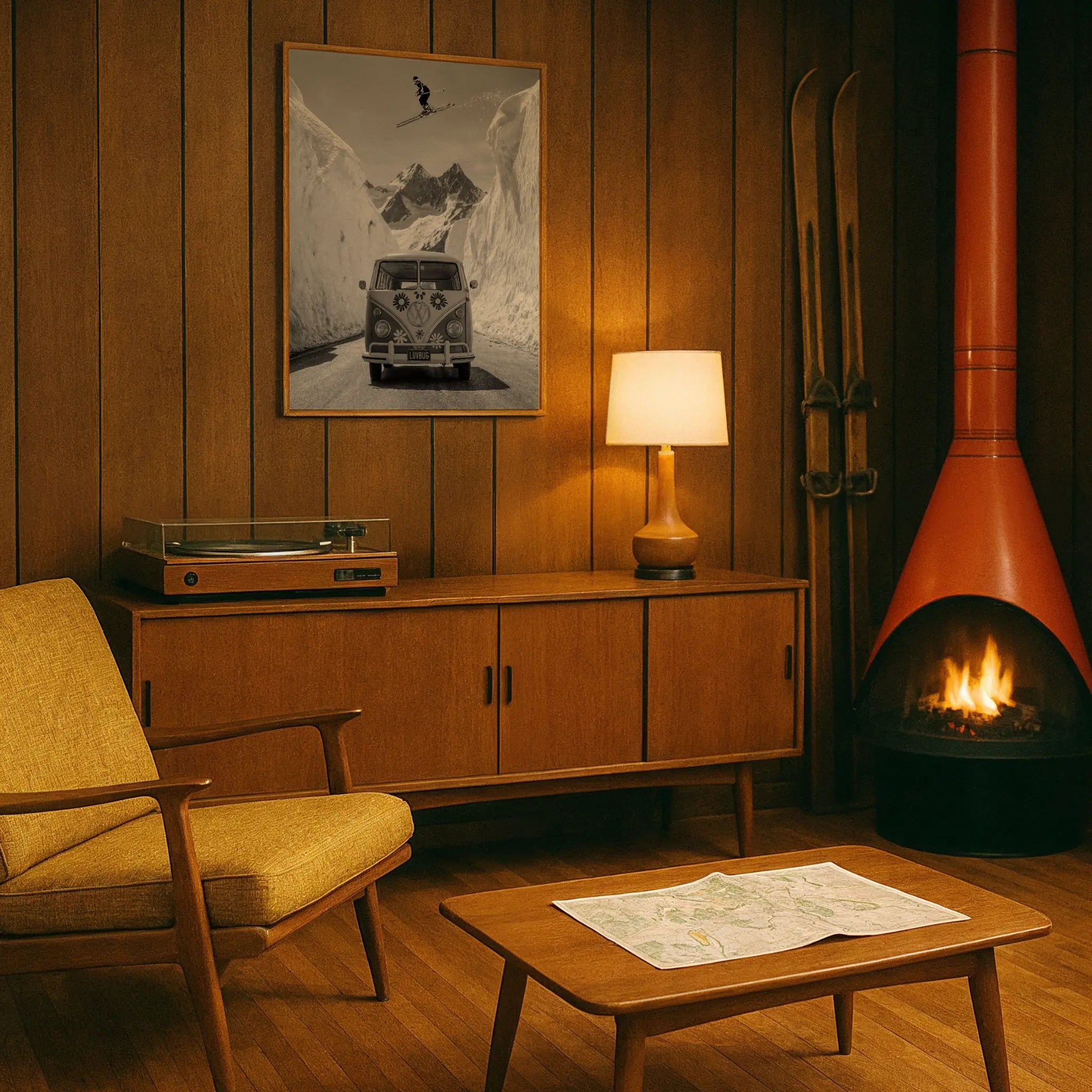 Vintage VW Bus Photo in Retro Mid-Century Den