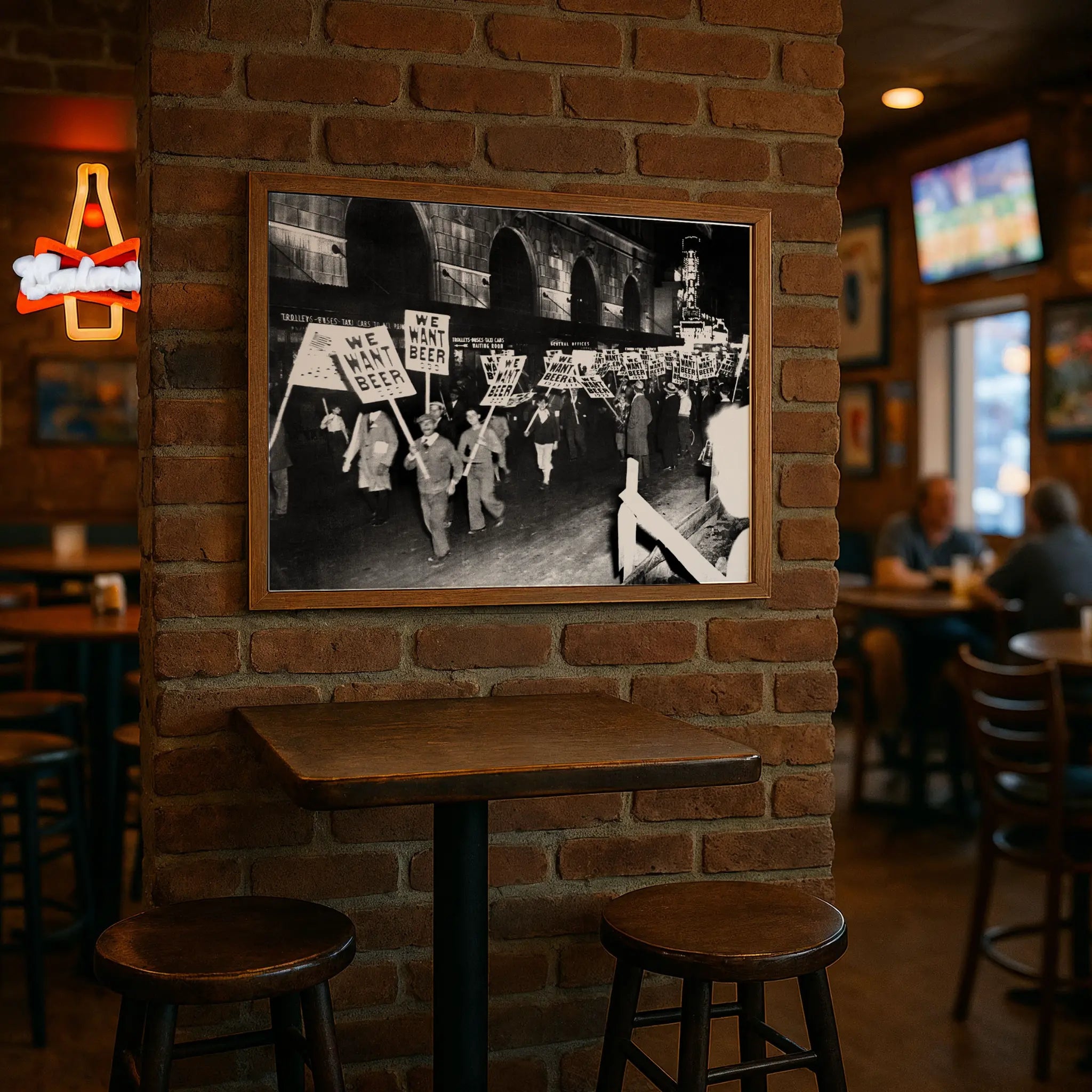 Train station protest print in modern pub with high-top tables and brick wall atmosphere