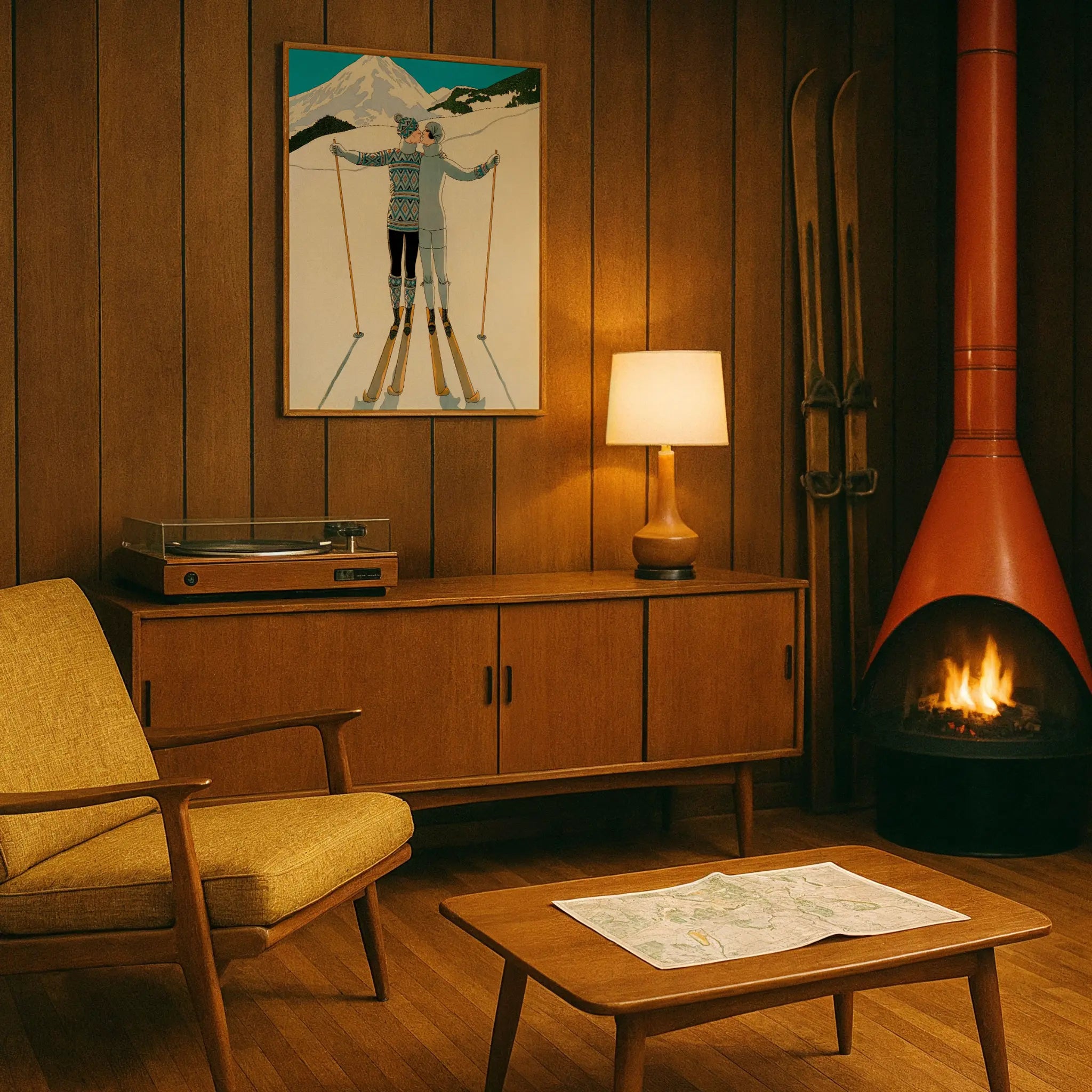 Art Deco Poster in Retro Ski Den Mid-Century