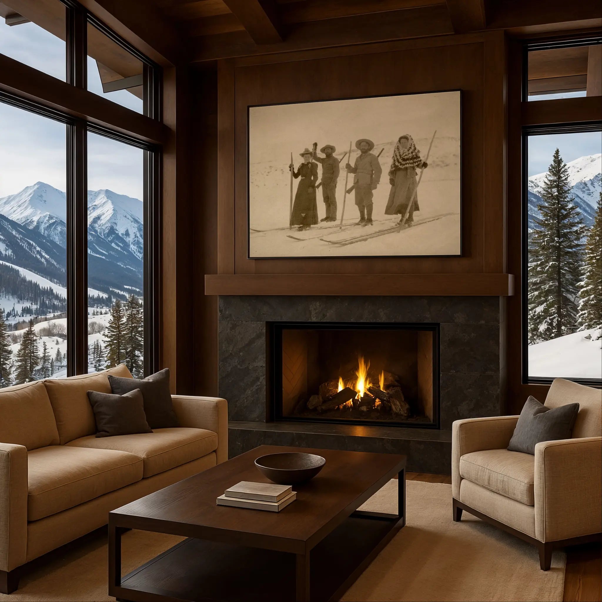 Vintage Ski Club Group Photo in Cozy Fireplace Setting