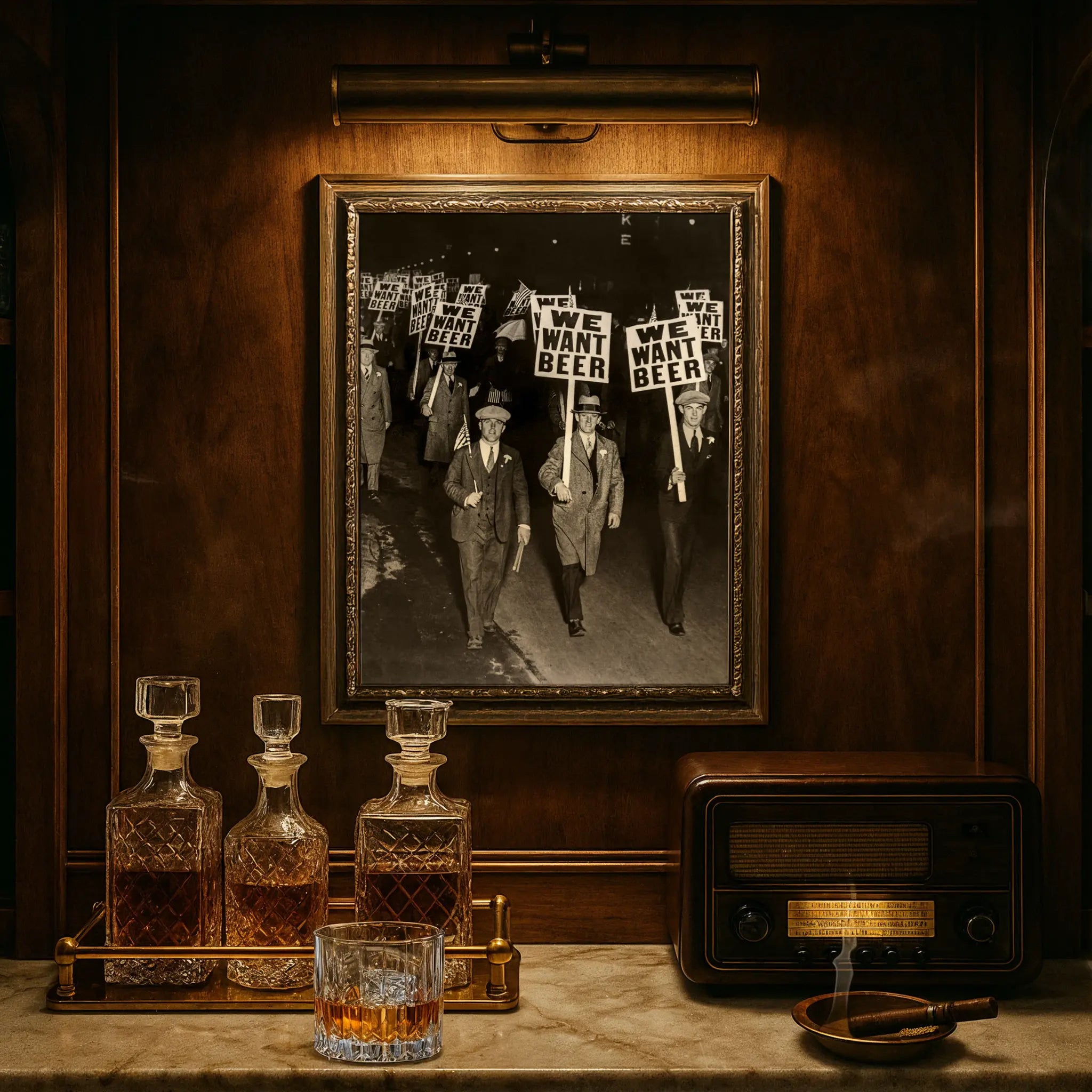Beer protest march photograph in luxury study with crystal decanters and vintage radio atmosphere