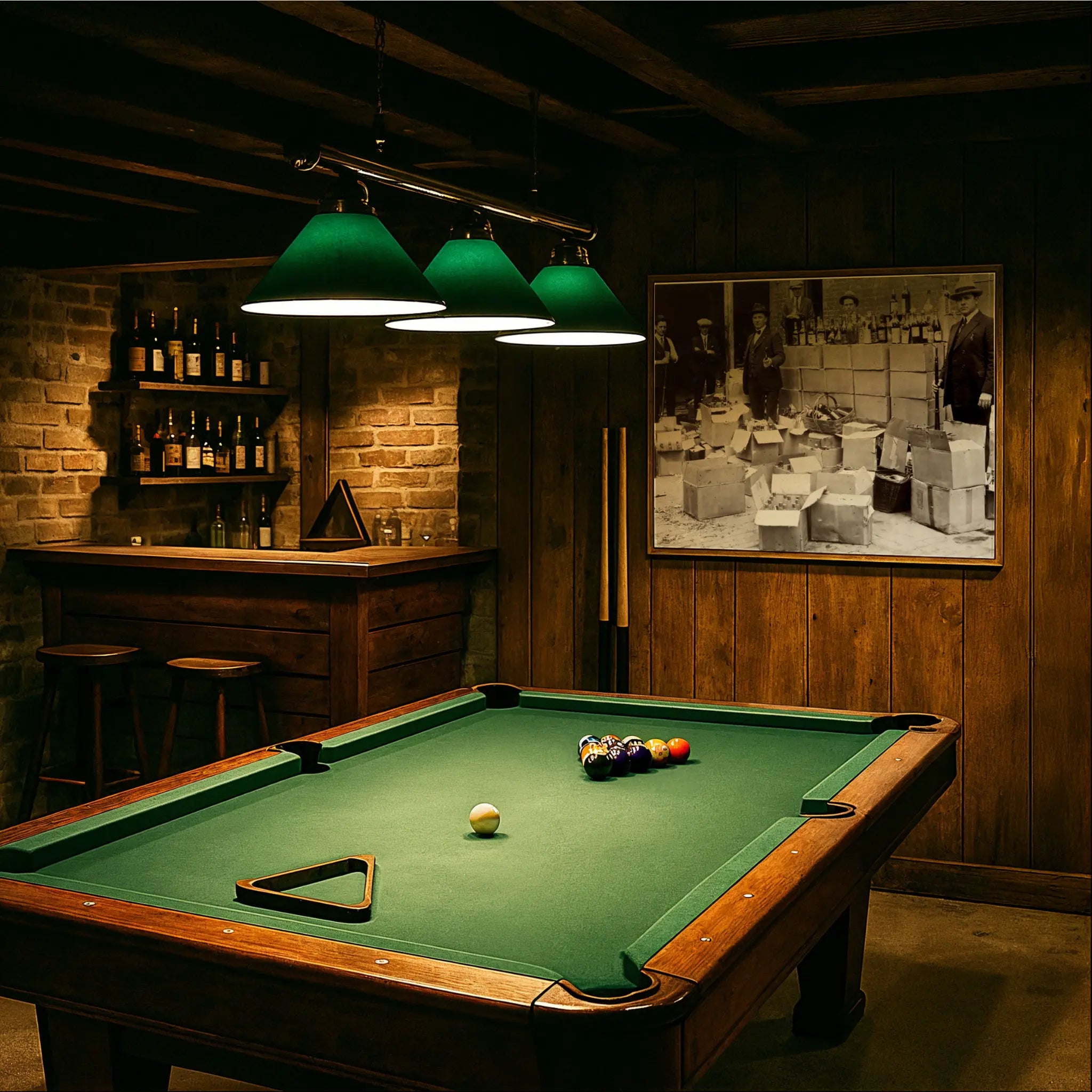 Liquor seizure photograph in vintage billiards room with green felt table and period lighting