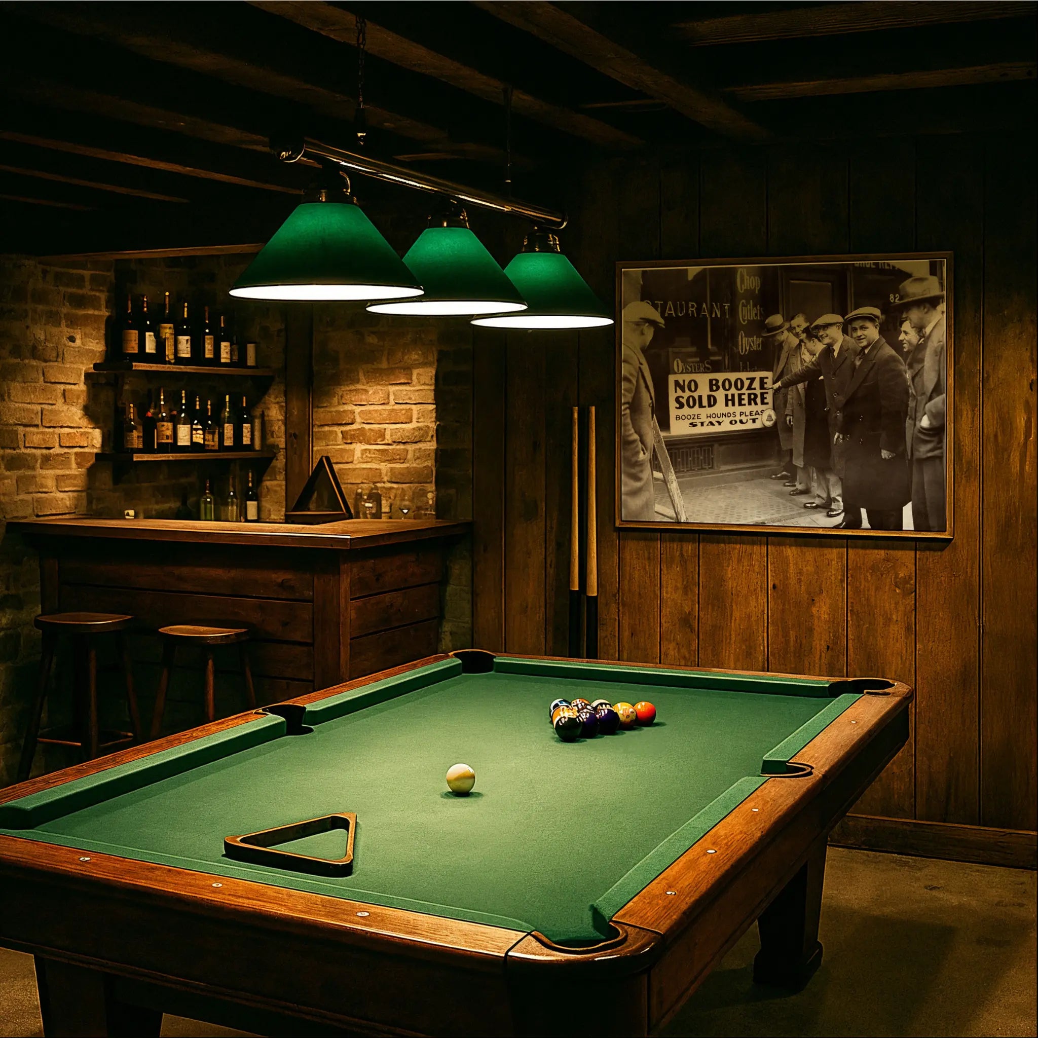 Booze Hounds Stay Out photograph in vintage billiards room with green felt table and period lighting